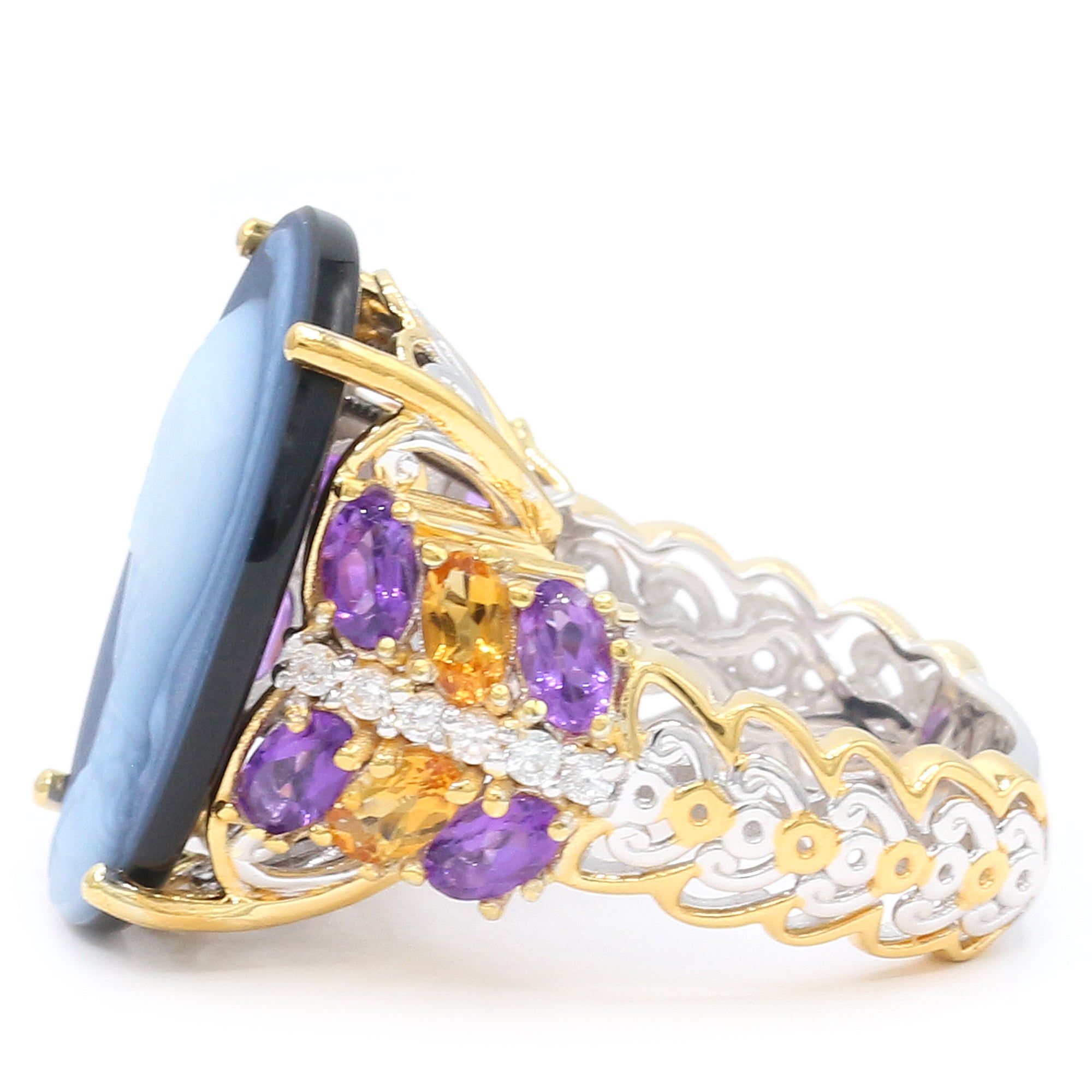 Gems en Vogue One-of-a-Kind 24K Palladium Silver Blue Agate Carved Cameo & Multi Gemstones Classical Female Profile Ring