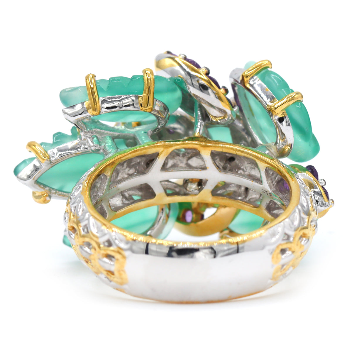 Gems en Vogue 24K Palladium Silver Green Agate & Amethyst Leaves Ring