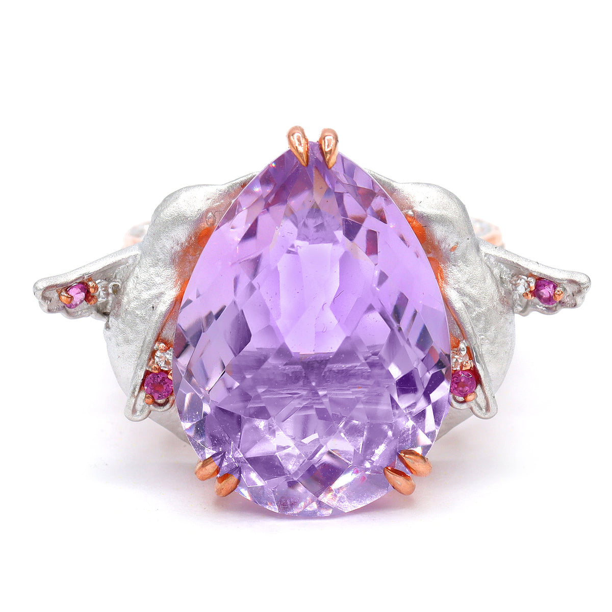 Bague Gems en Vogue en argent rhodié 18K, améthyste rose taille coussin de 4,03 carats et zircons blancs