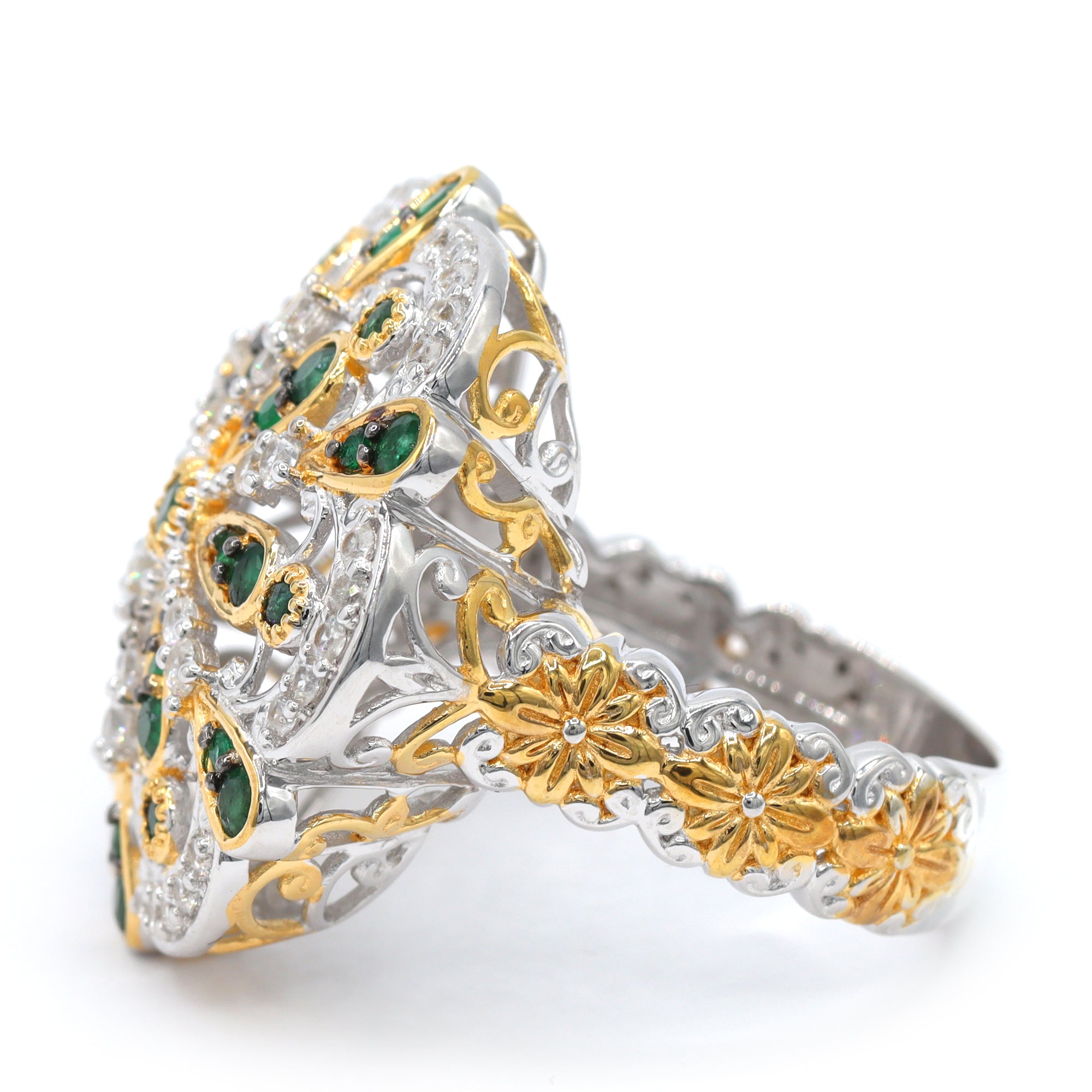 Bague fleur Gems en Vogue avec zircon blanc et émeraude Grizzly 2,90 carats