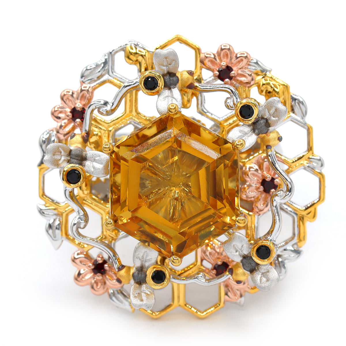 Gems en Vogue 24K Palladium Silver 10.28ctw Honey Citrine & Multi Gemstones Honey Bee Spinner Ring