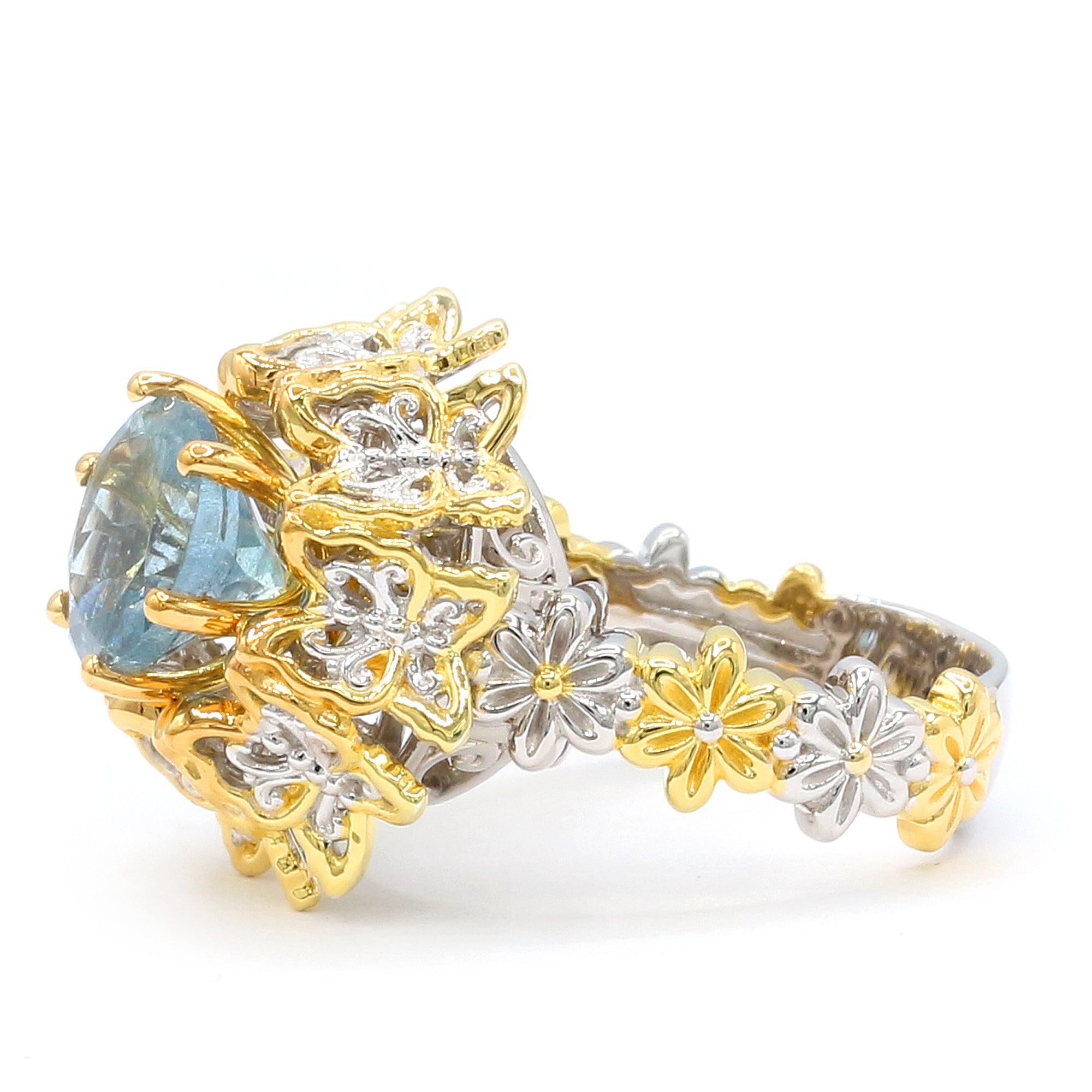 Bague tournante papillon Couture Gems en argent palladié 24 carats ornée d'une aigue-marine de Tanzanie de 3,02 carats, pièce unique