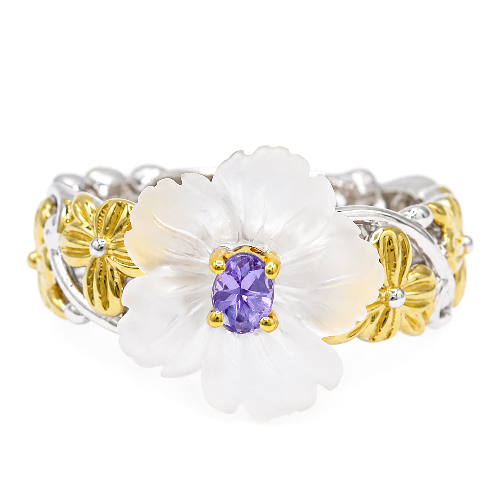 Gems en Vogue 24K Palladium Silver White Mother-of-Pearl & Tanzanite Flower Ring