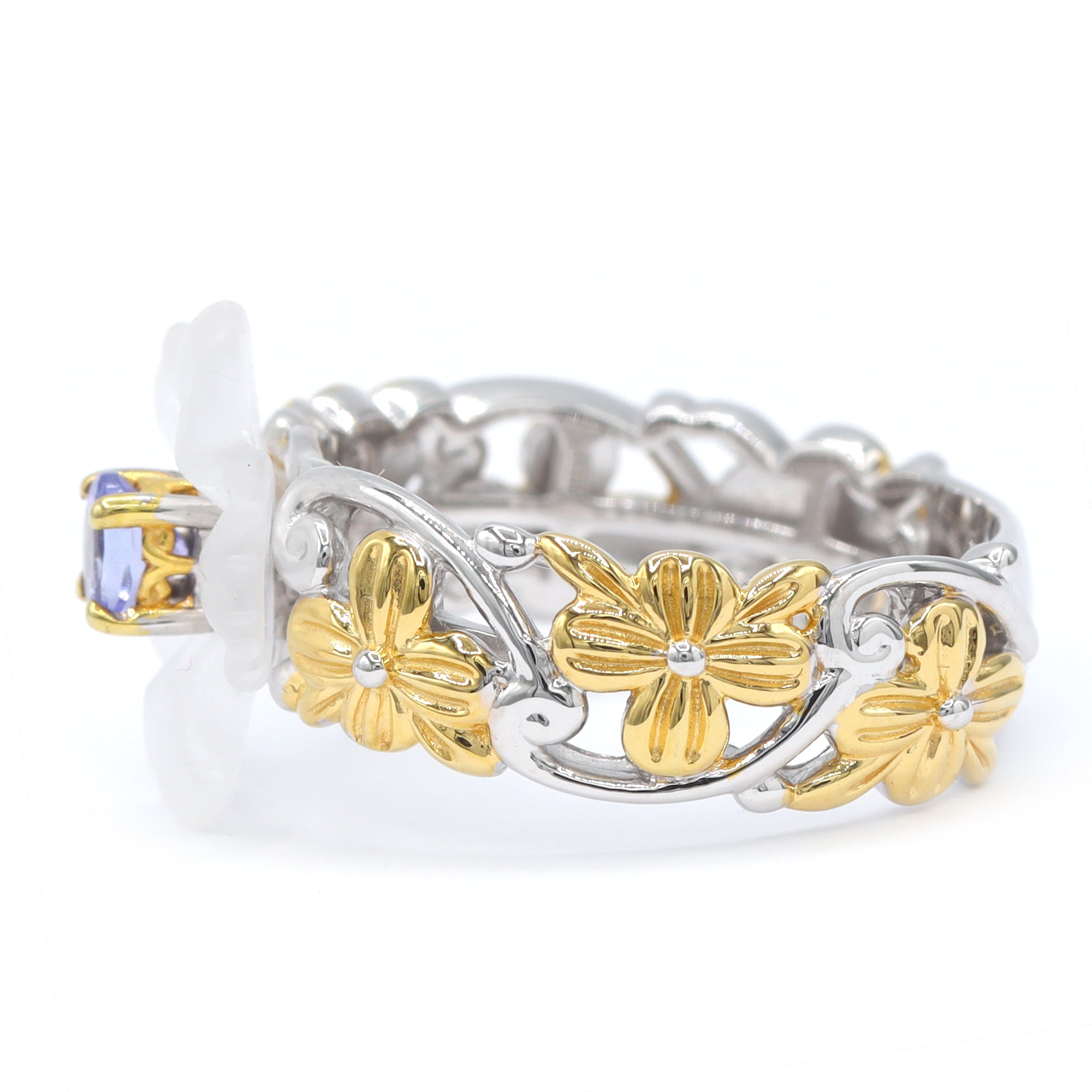 Gems en Vogue 24K Palladium Silver White Mother-of-Pearl & Tanzanite Flower Ring