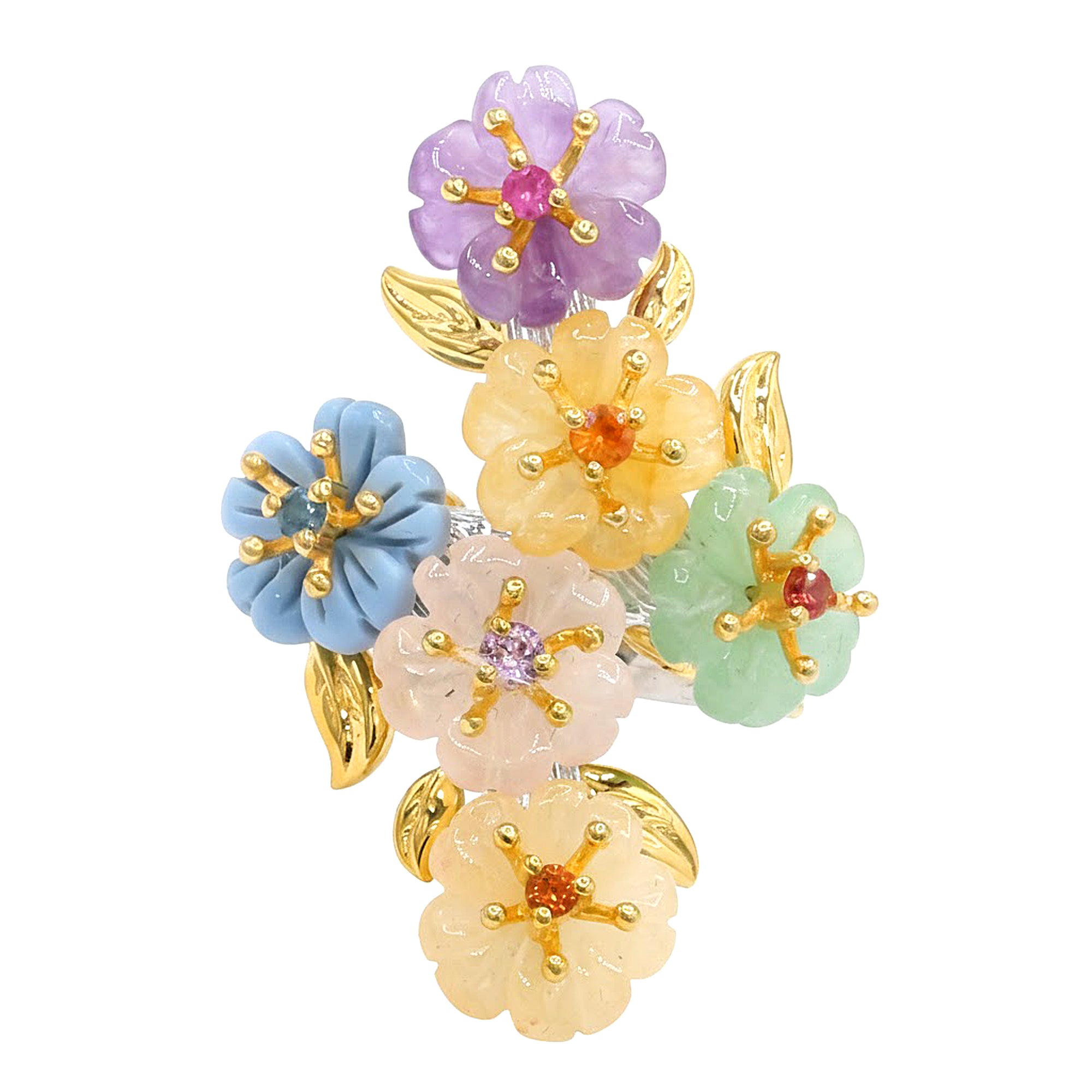 Gems en Vogue 24K Palladium Silver Multi Gemstones Carved Flower Ring