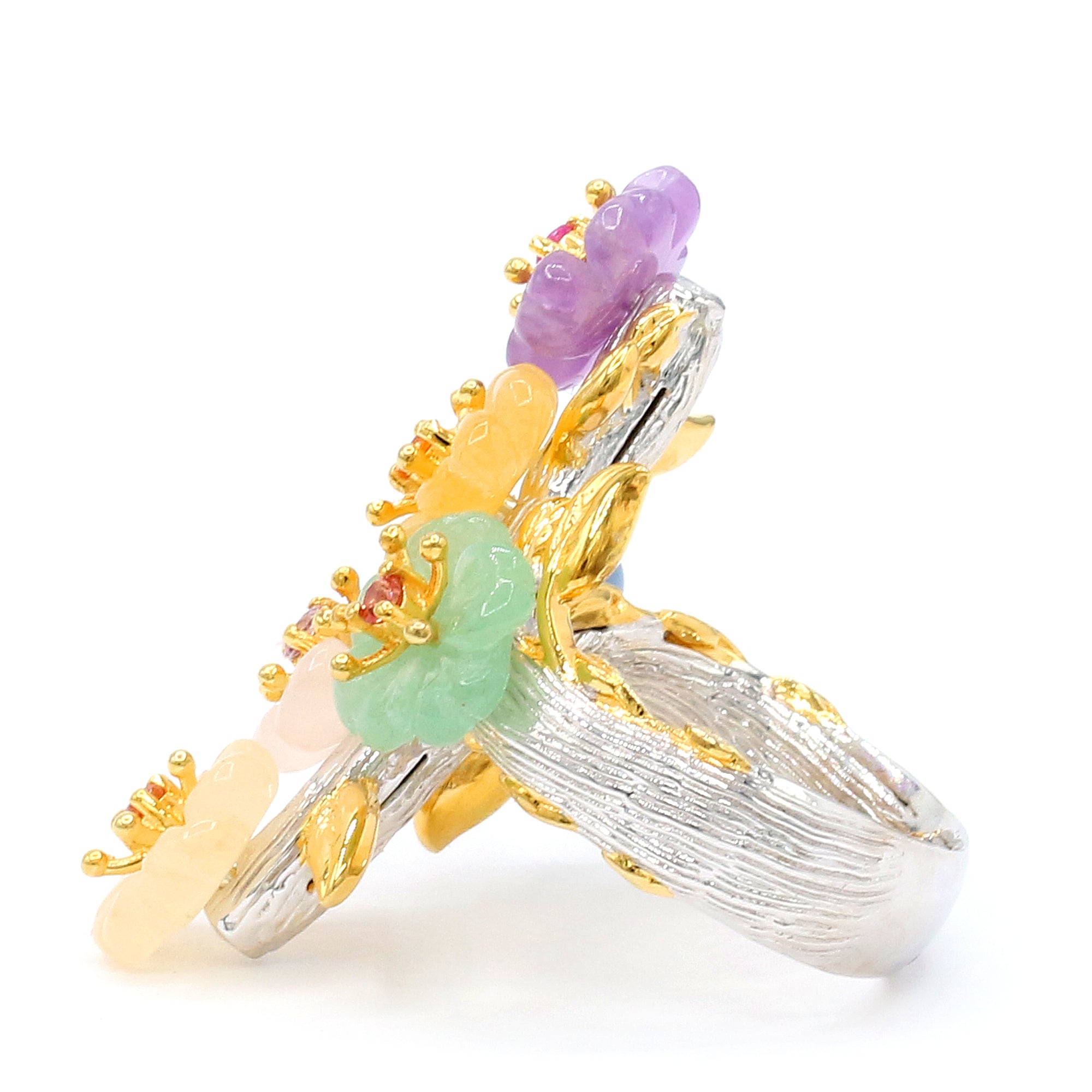 Gems en Vogue 24K Palladium Silver Multi Gemstones Carved Flower Ring