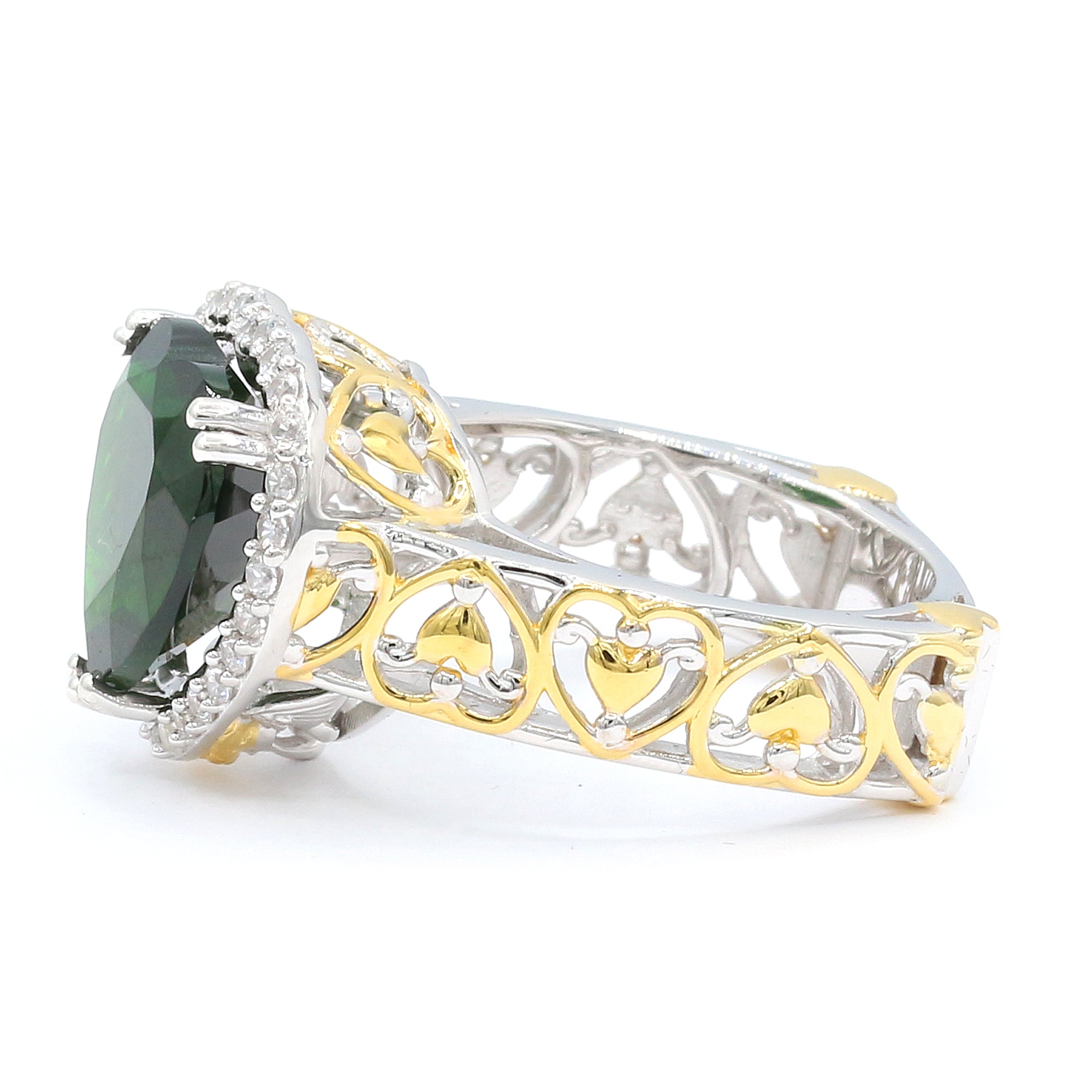 Couture Gems 24K Palladium Silver 9.00ctw Chrome Diopside & White Zircon Heart Halo Ring