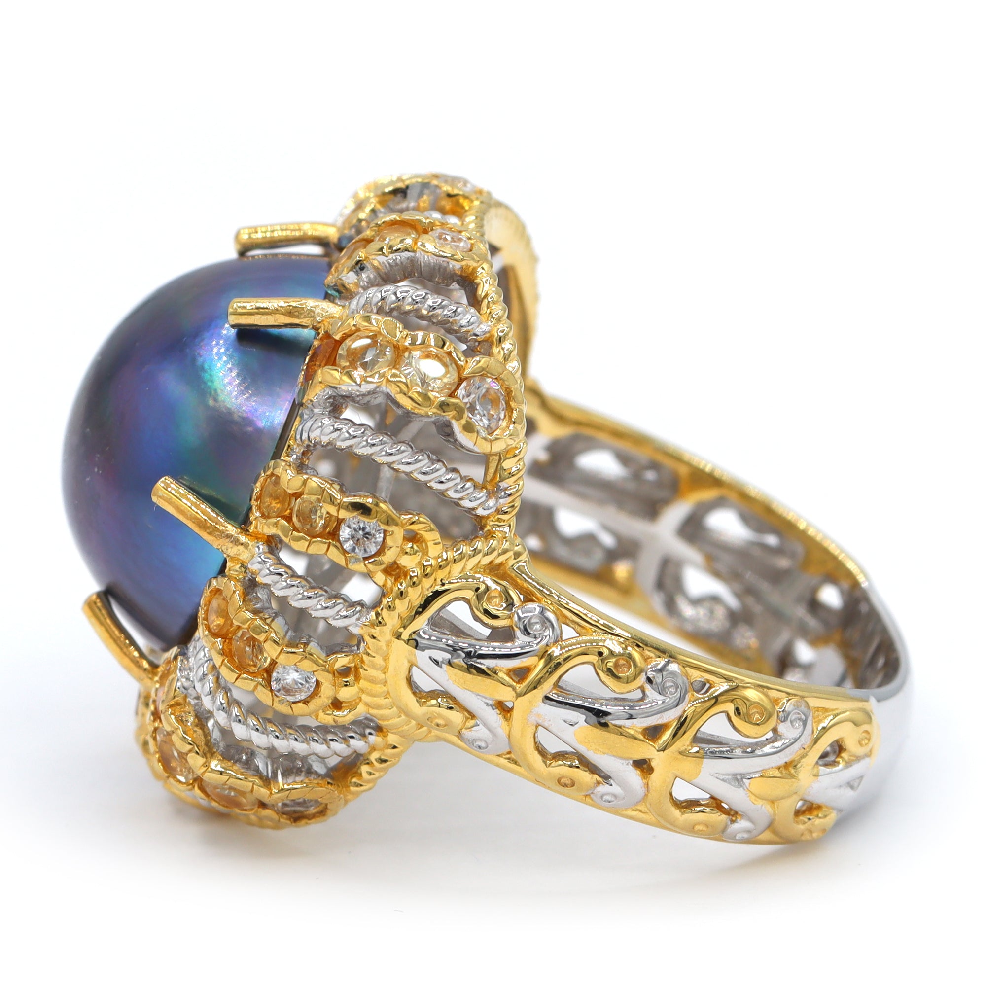 Gems en Vogue 24K Palladium Silver Peacock Mabe Pearl & Citrine Ring