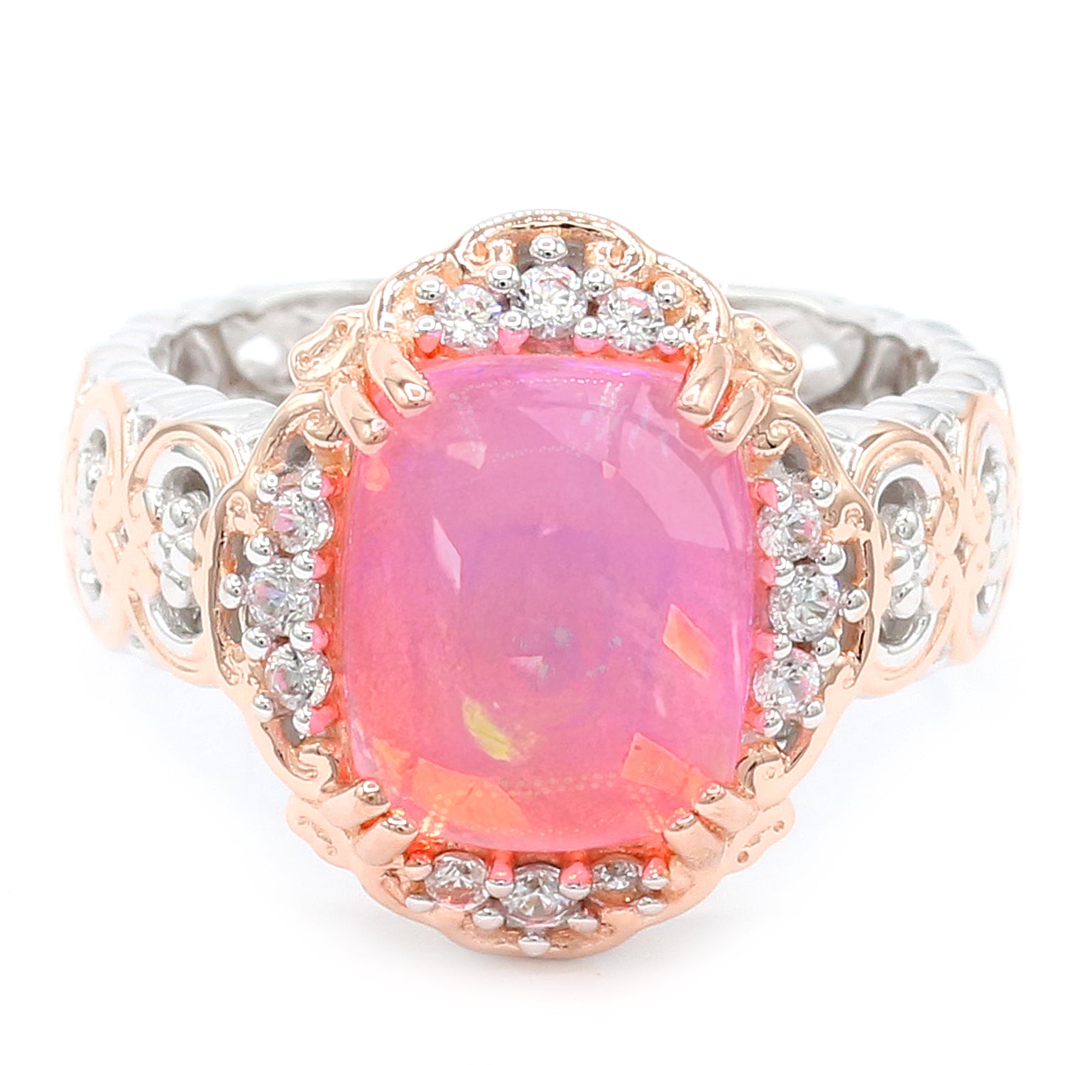 Gems en Vogue 18K Palladium Silver 2.58ctw Cushion Pink Ethiopian Opal & White Zircon Ring