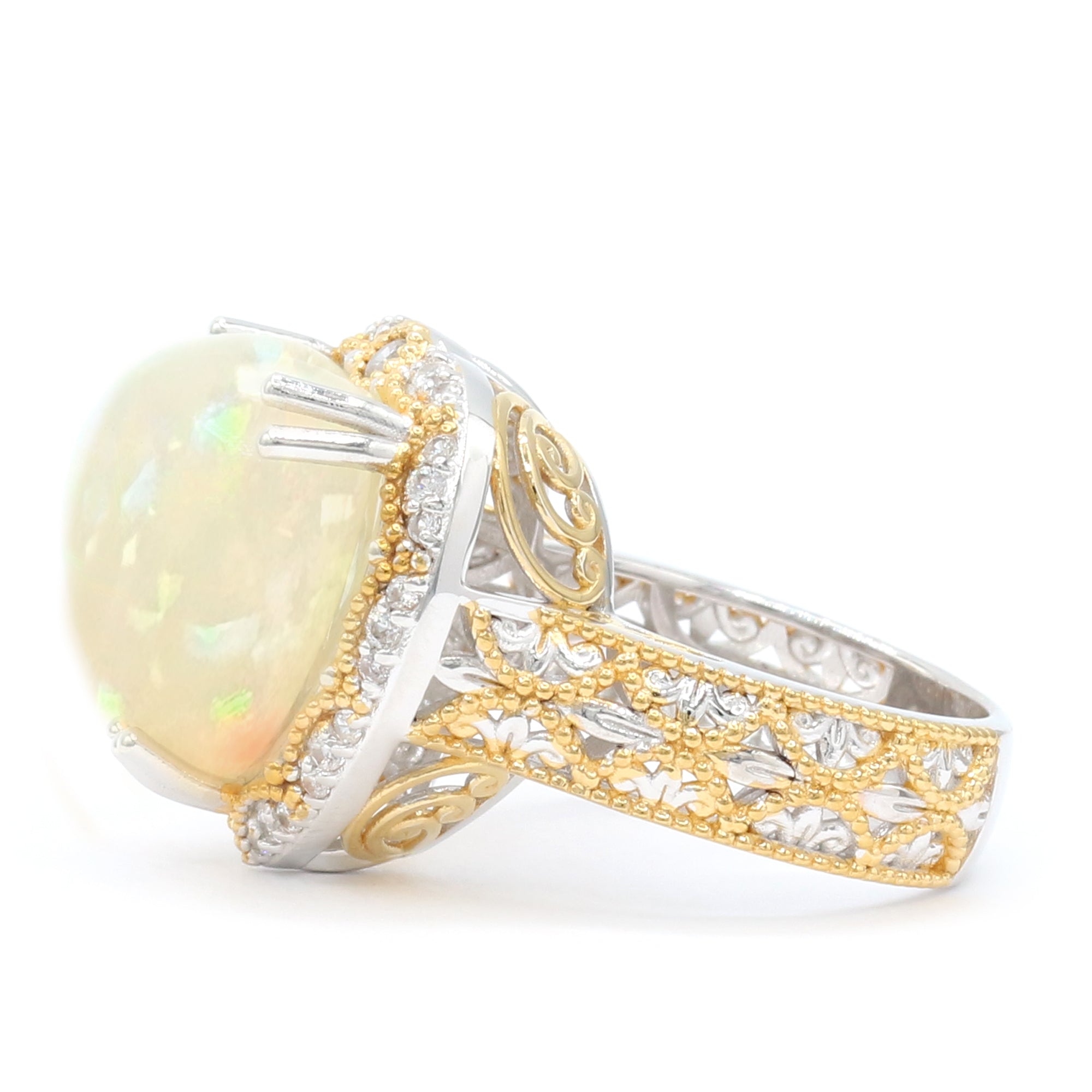 Couture Gems 24K Palladium Silver 11.02ctw Heart Shape White Ethiopian Opal & White Zircon Halo Ring