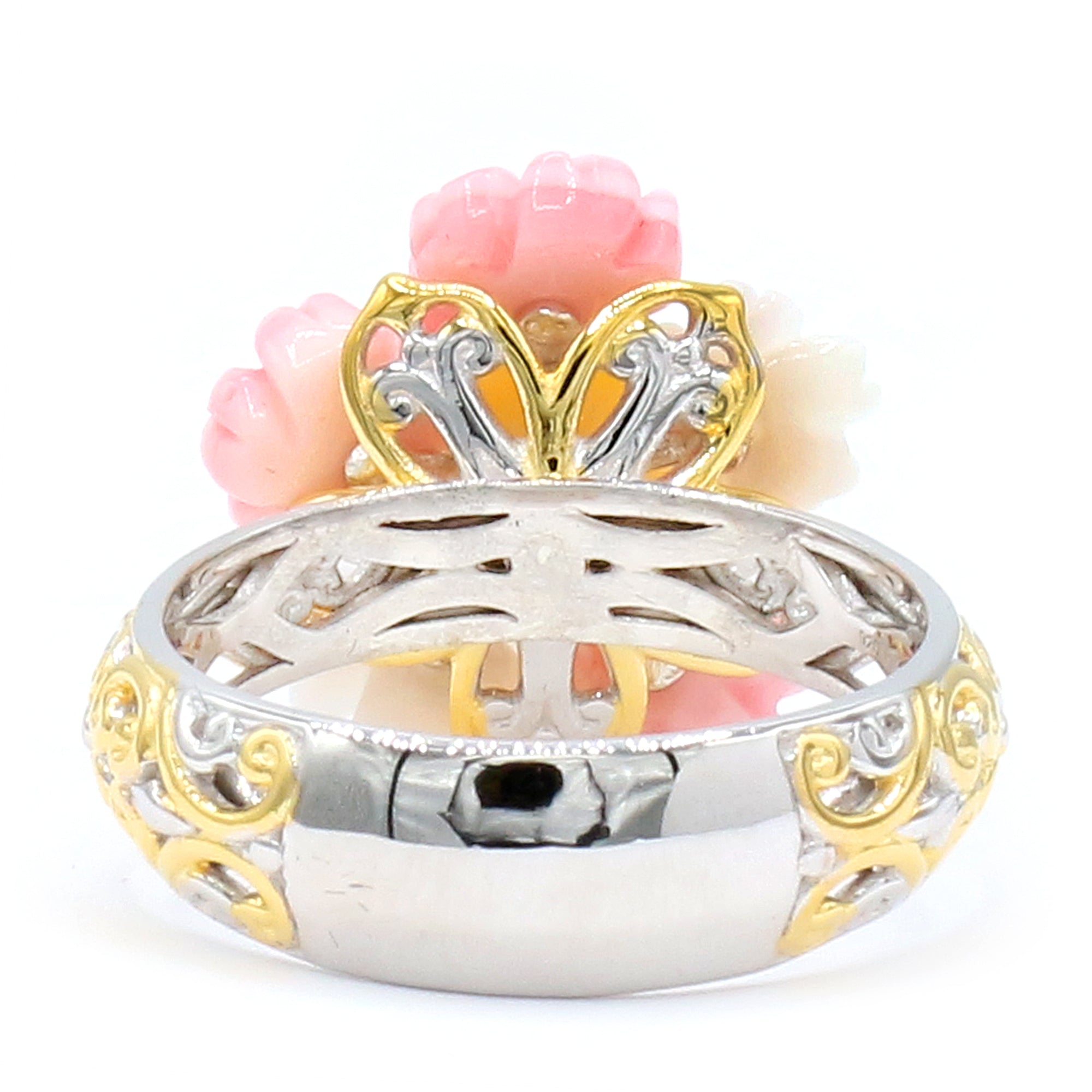Bague fleur en nacre violette et jaune et péridot Gems en Vogue en argent et palladium 24 carats