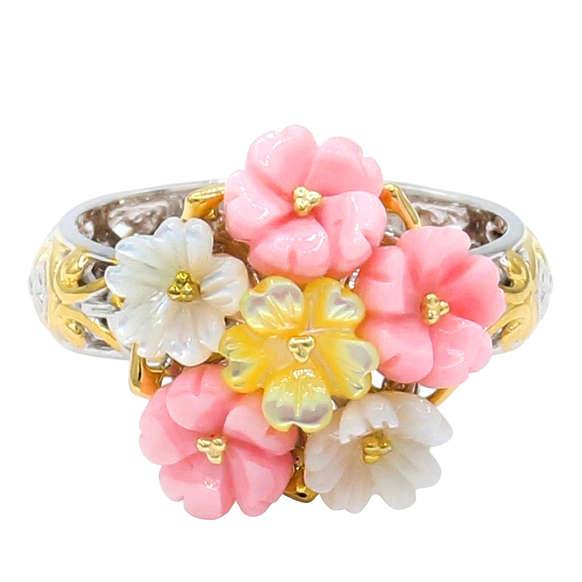Bague fleur en nacre violette et jaune et péridot Gems en Vogue en argent et palladium 24 carats