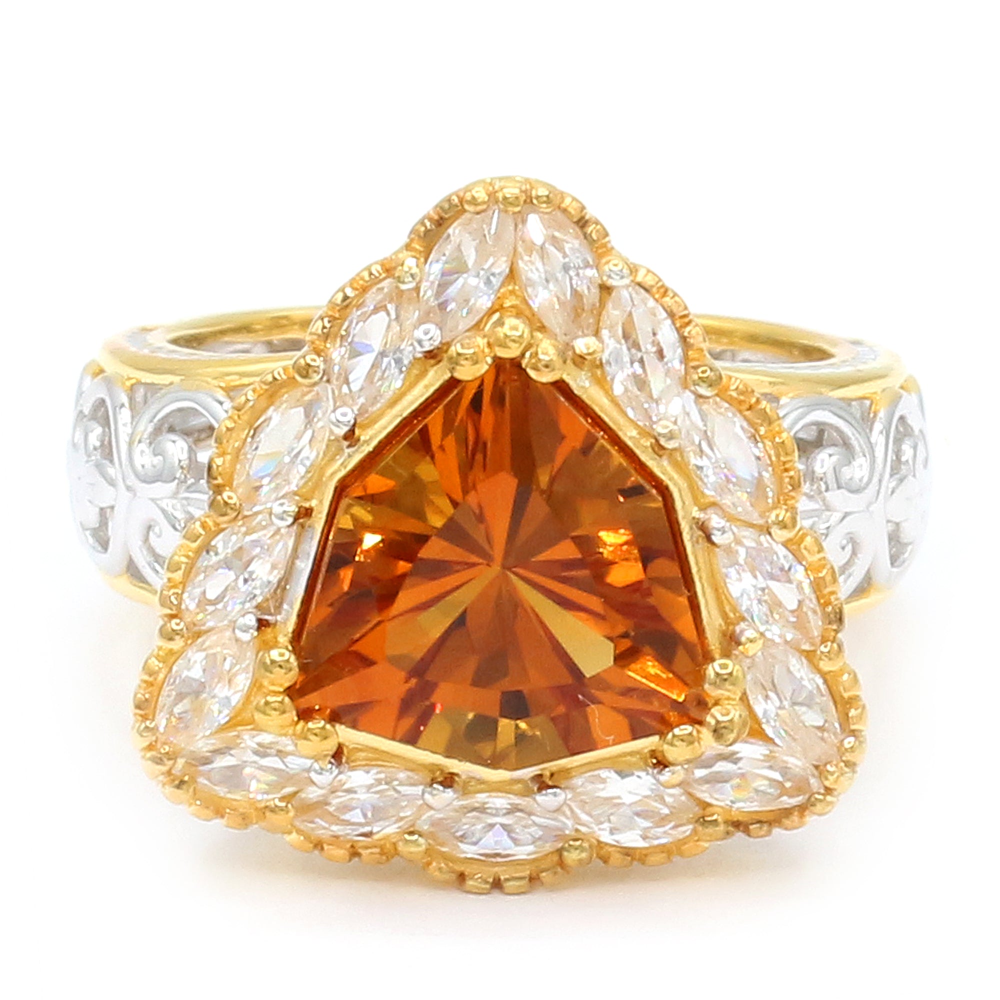 Gems en Vogue 24K Palladium Silver 4.80ctw Six Sided Fire Citrine & White Zircon Halo Ring
