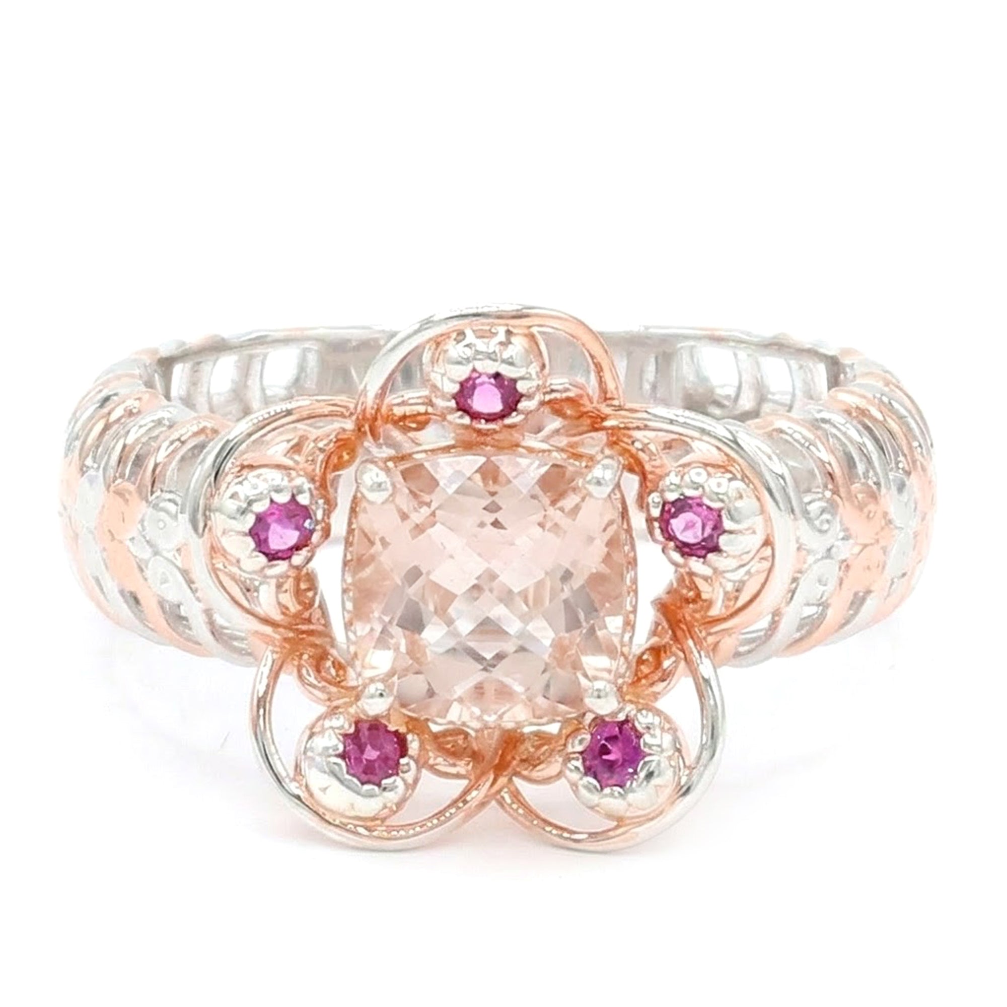 Gems en Vogue One-of-a-Kind 18K Palladium Silver 0.90ctw Morganite & Rhodolite Garnet Flower Ring