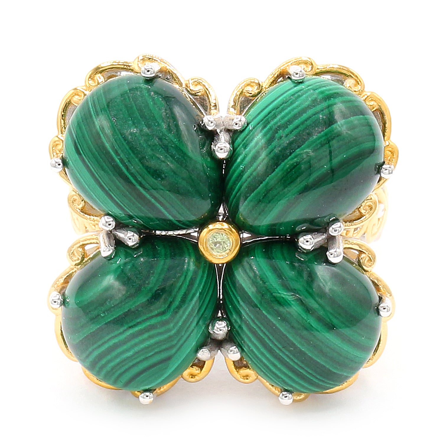Gems en Vogue 24K Palladium Silver Malachite & Peridot Clover Ring