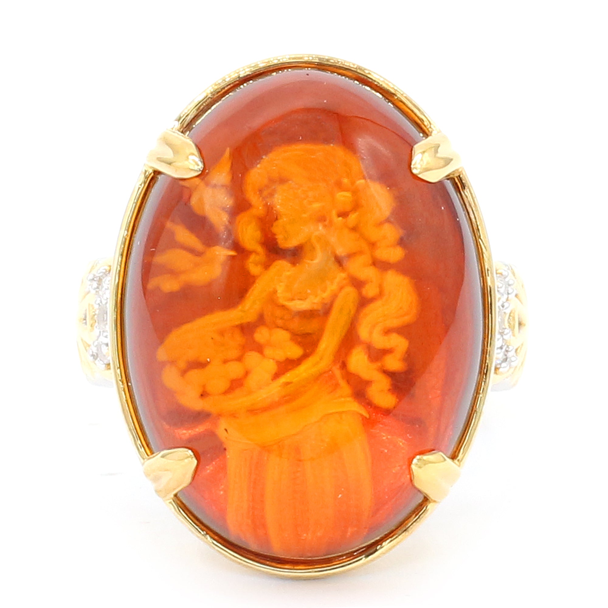 Gems en Vogue One-of-a-Kind Carved Amber & White Zircon Girl & Flower Ring