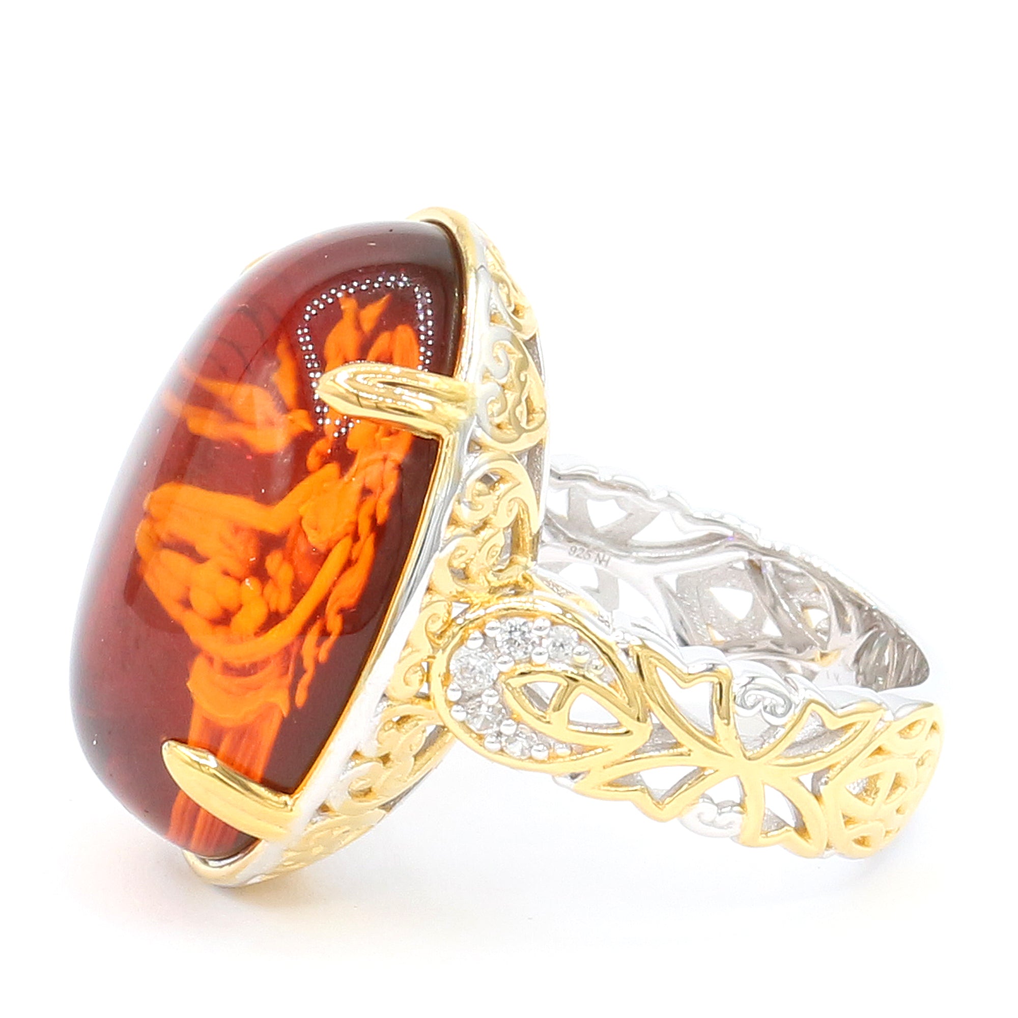 Gems en Vogue One-of-a-Kind Carved Amber & White Zircon Girl & Flower Ring