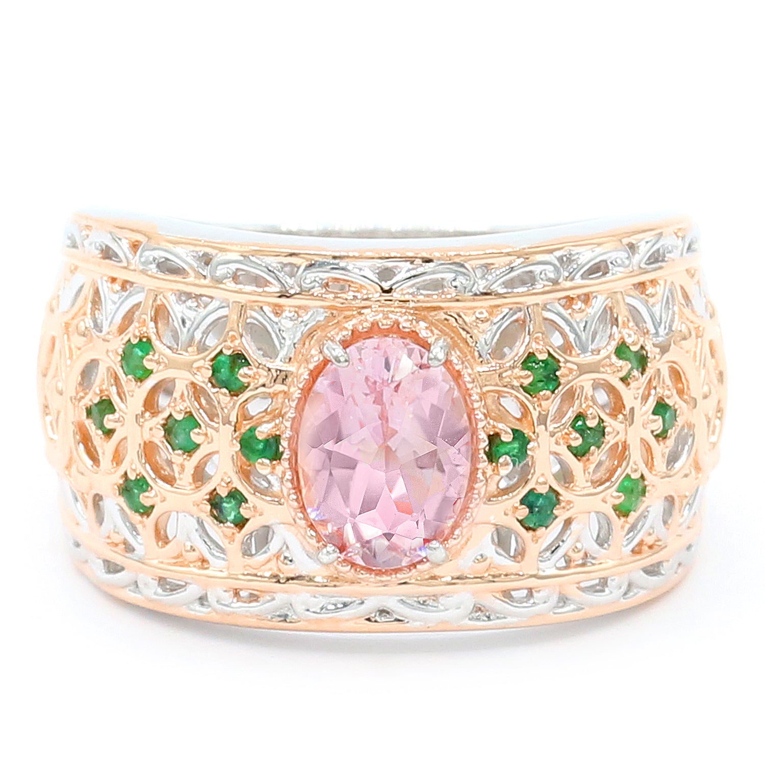 Gems en Vogue 18K Palladium Silver 0.86ctw Morganite & Grizzly Emerald Ring