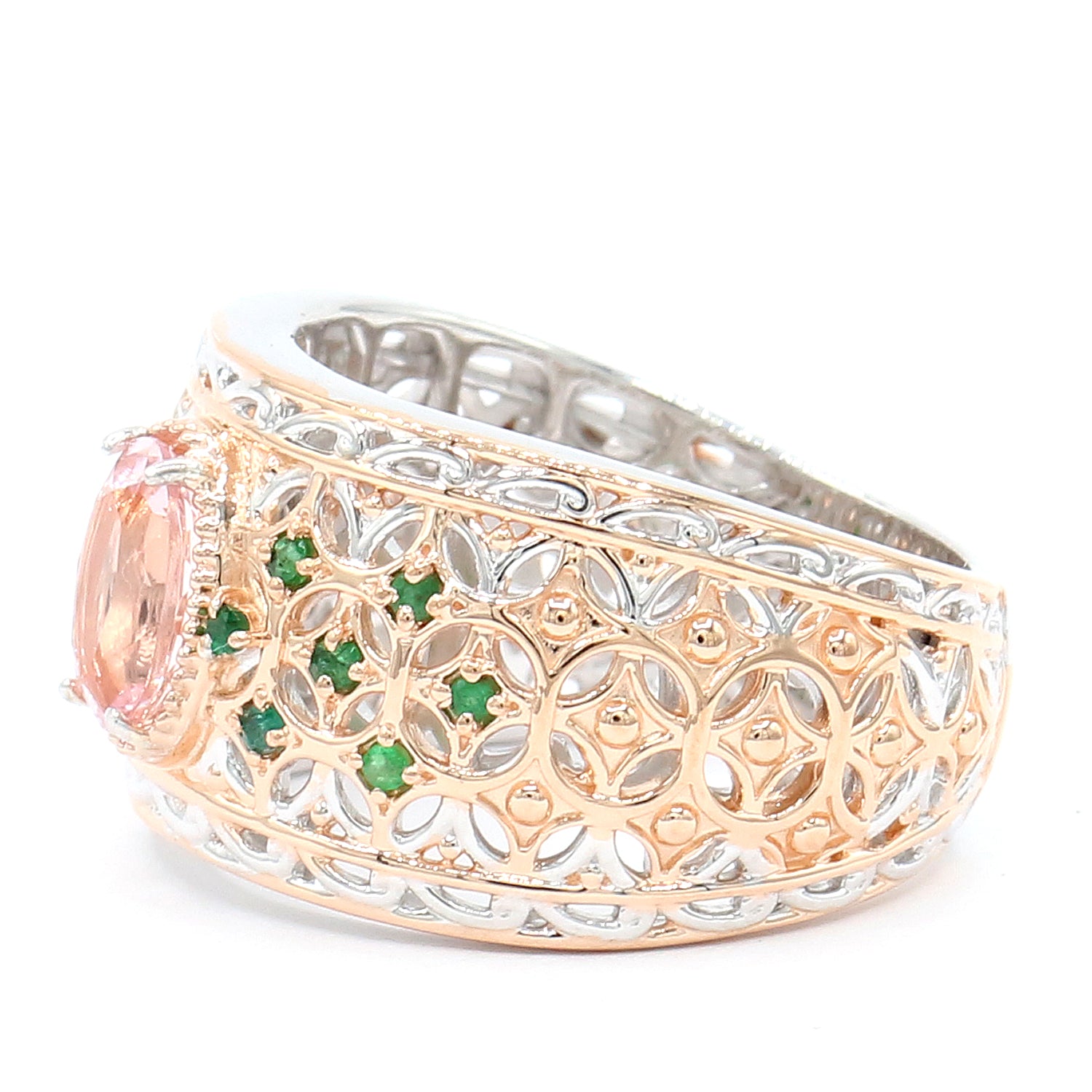 Gems en Vogue 18K Palladium Silver 0.86ctw Morganite & Grizzly Emerald Ring
