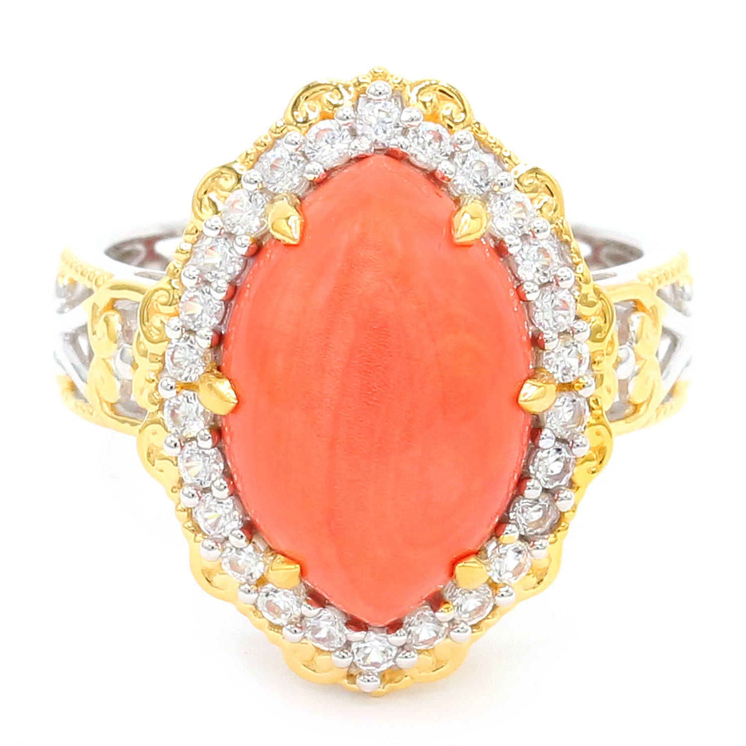 Gems en Vogue Marquise Salmon Coral & White Zircon Halo Ring