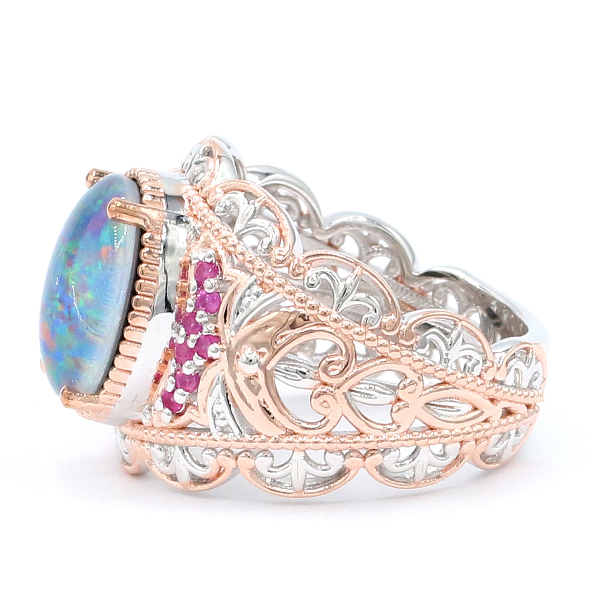 Gems en Vogue 18K Palladium Silver Red Australian Opal Triplet & Pink Sapphire Ring