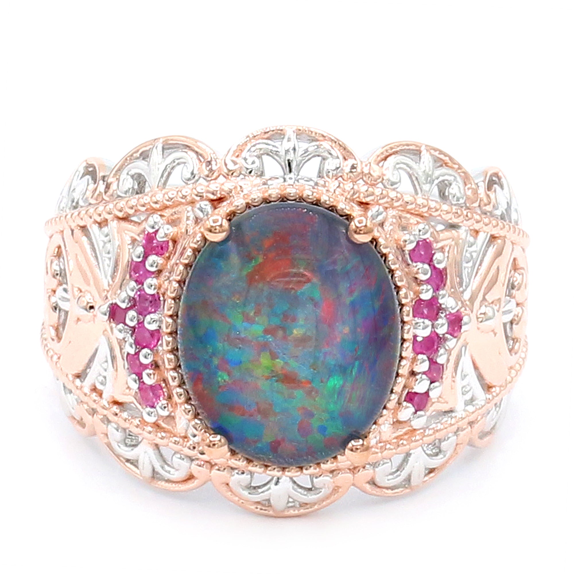 Gems en Vogue 18K Palladium Silver Red Australian Opal Triplet & Pink Sapphire Ring