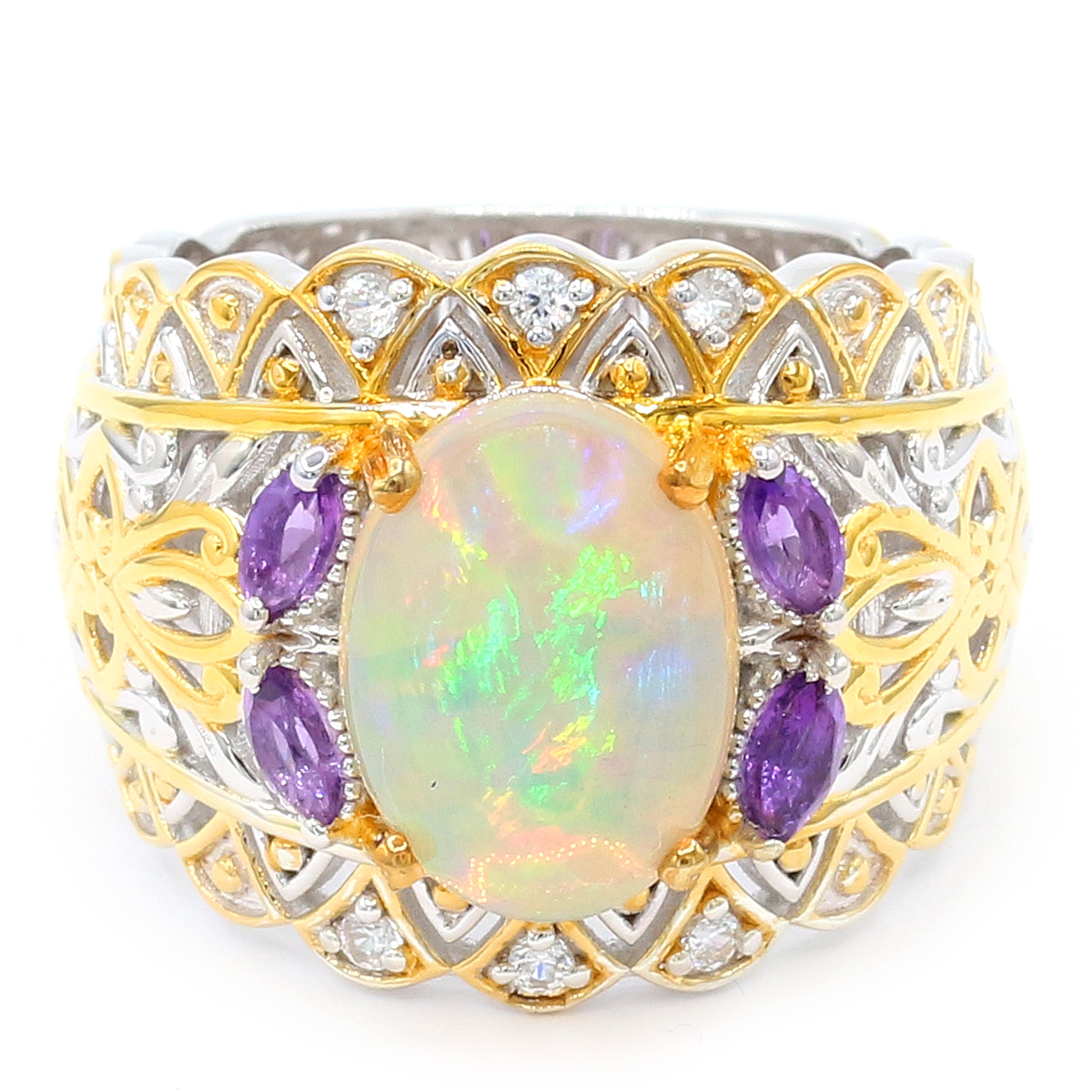 Gems en Vogue 24K Palladium Silver 3.01ctw Ethiopian Opal, Amethyst & Zircon Ring