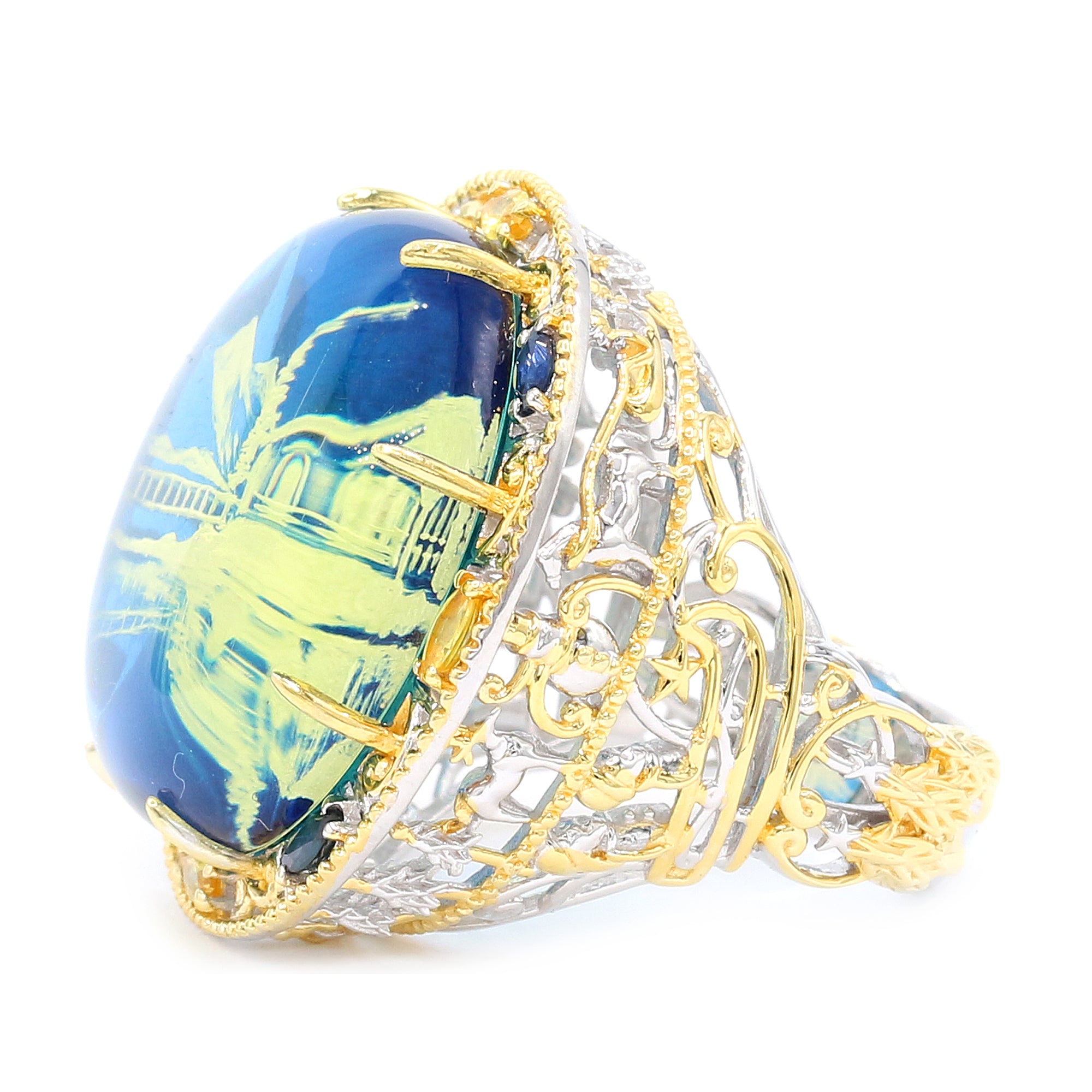 Gems en Vogue 24K Palladium Silver Carved Blue Amber & Sapphire Winter at Emerald Lake Ring