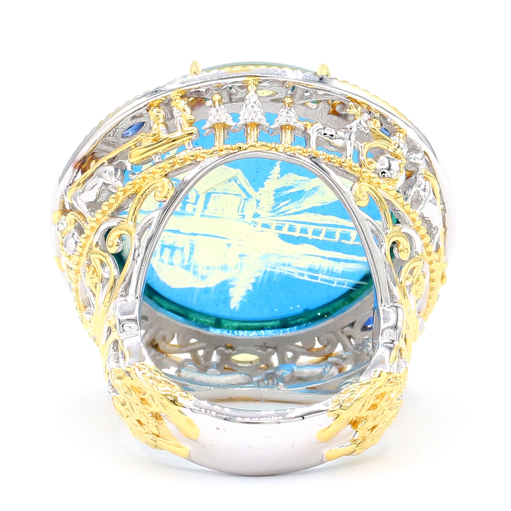 Gems en Vogue 24K Palladium Silver Carved Blue Amber & Sapphire Winter at Emerald Lake Ring
