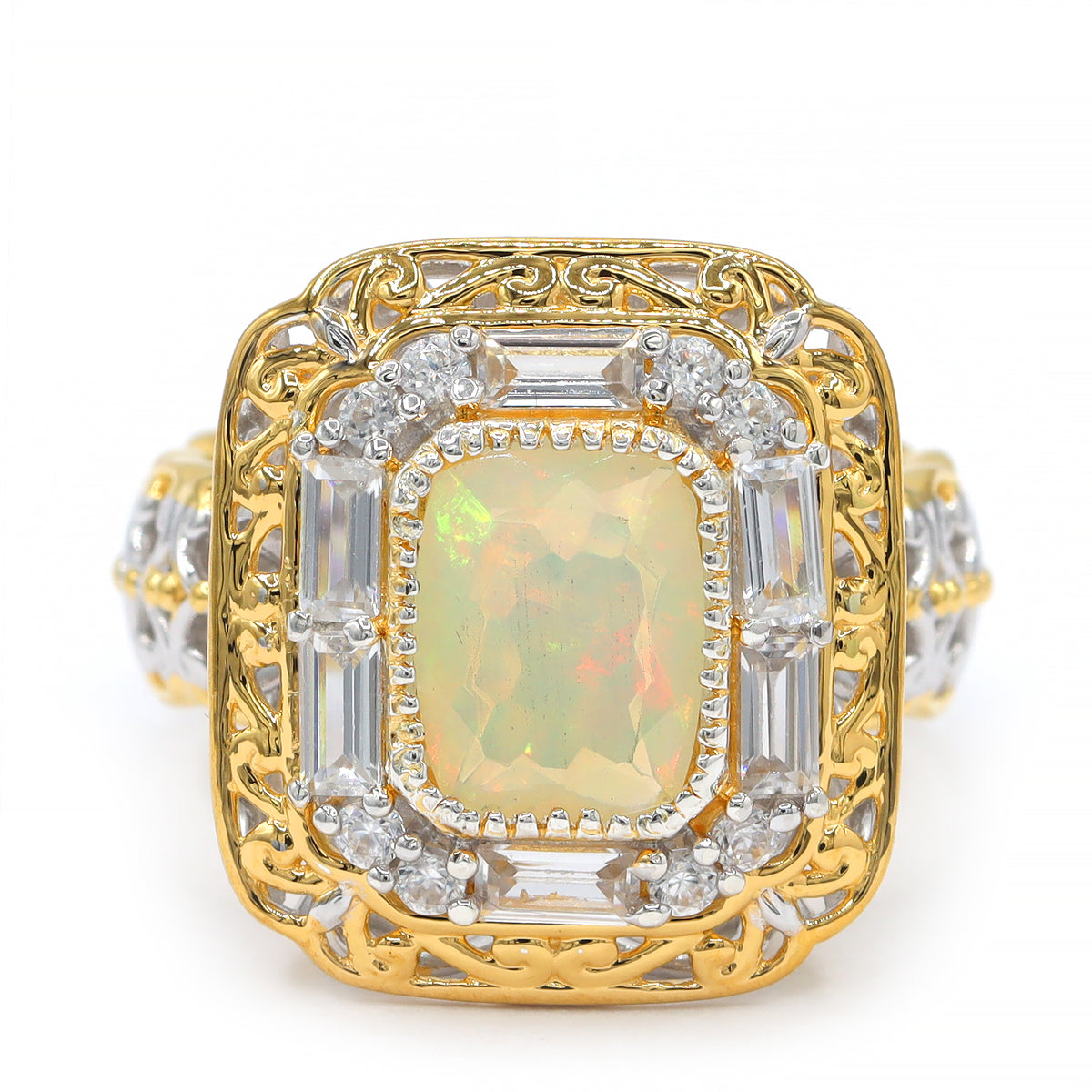 Bague auréole Gems en Vogue en argent palladié 24 carats, opale éthiopienne de 1,74 carat et zircon blanc