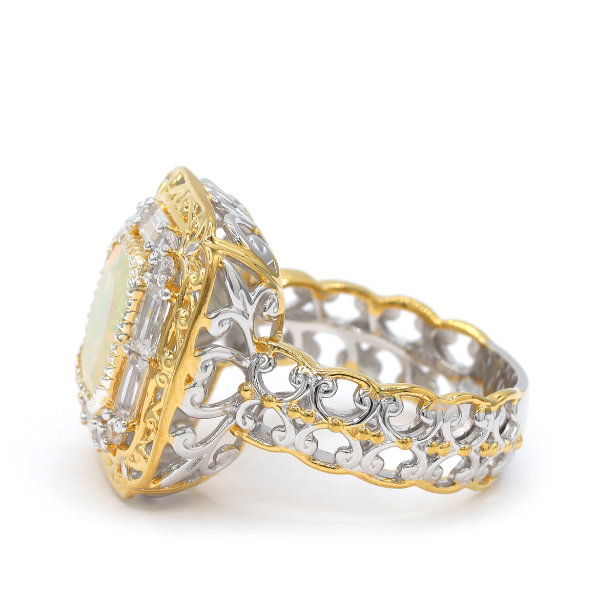 Bague auréole Gems en Vogue en argent palladié 24 carats, opale éthiopienne de 1,74 carat et zircon blanc