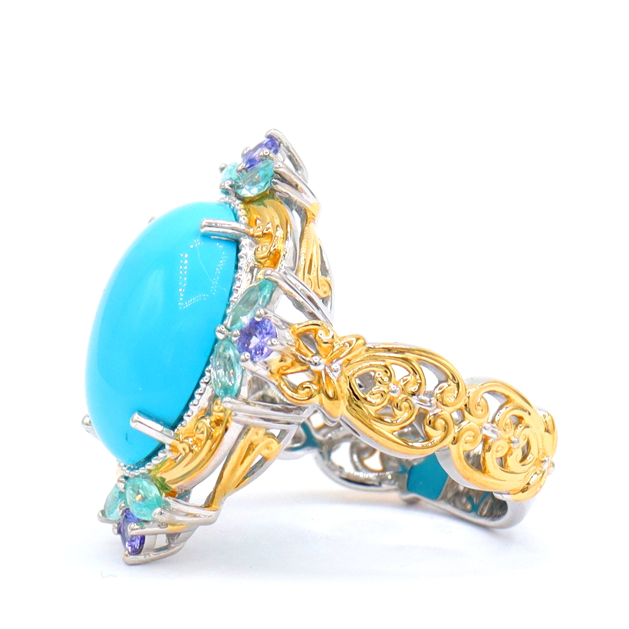 Gems en Vogue 24K Palladium Silver Sleeping Beauty Turquoise, Dauphin Apatite & Tanzanite Ring