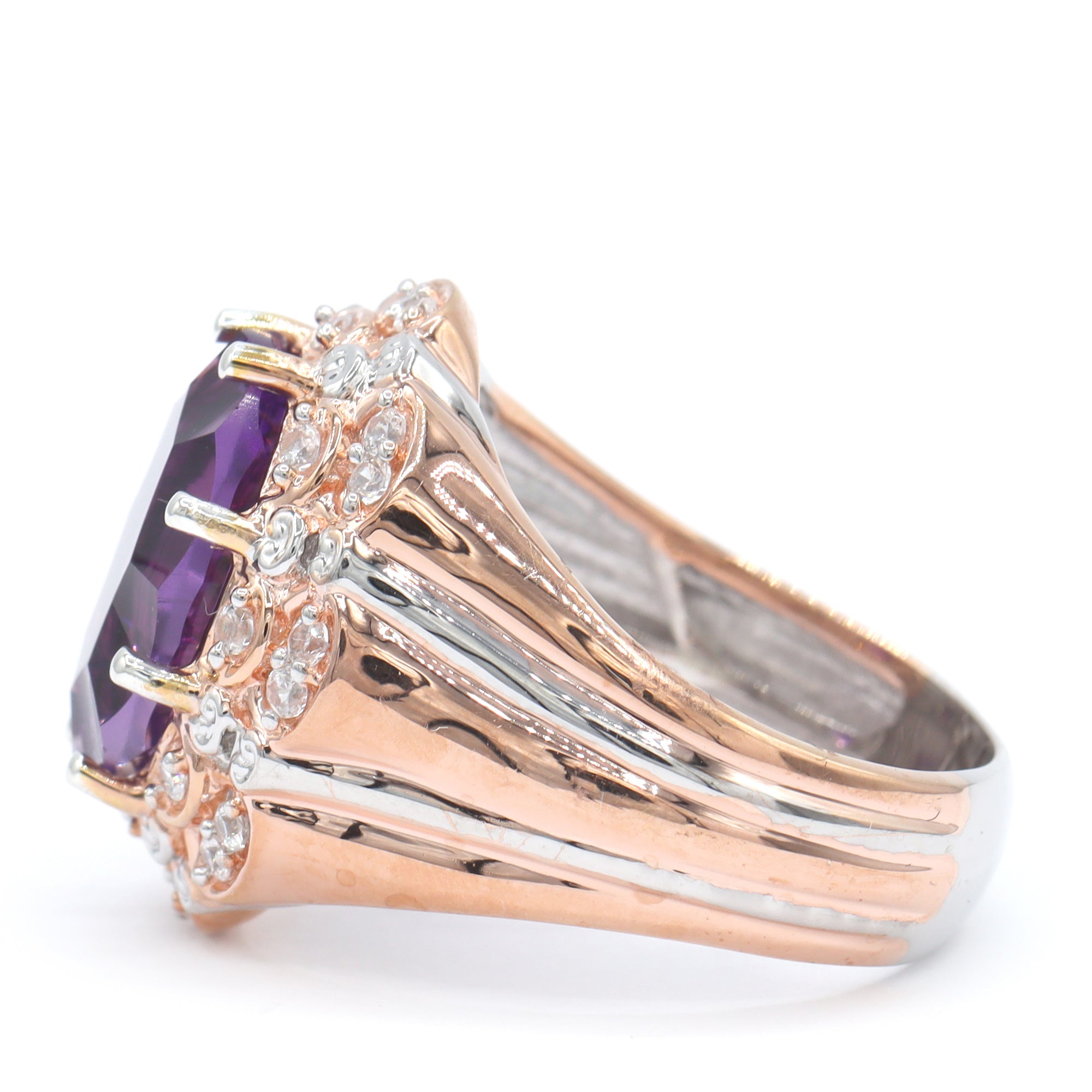 Gems en Vogue One-of-a-Kind 18K Palladium Silver 6.47ctw Millennium Cut African Amethyst & White Zircon Ring