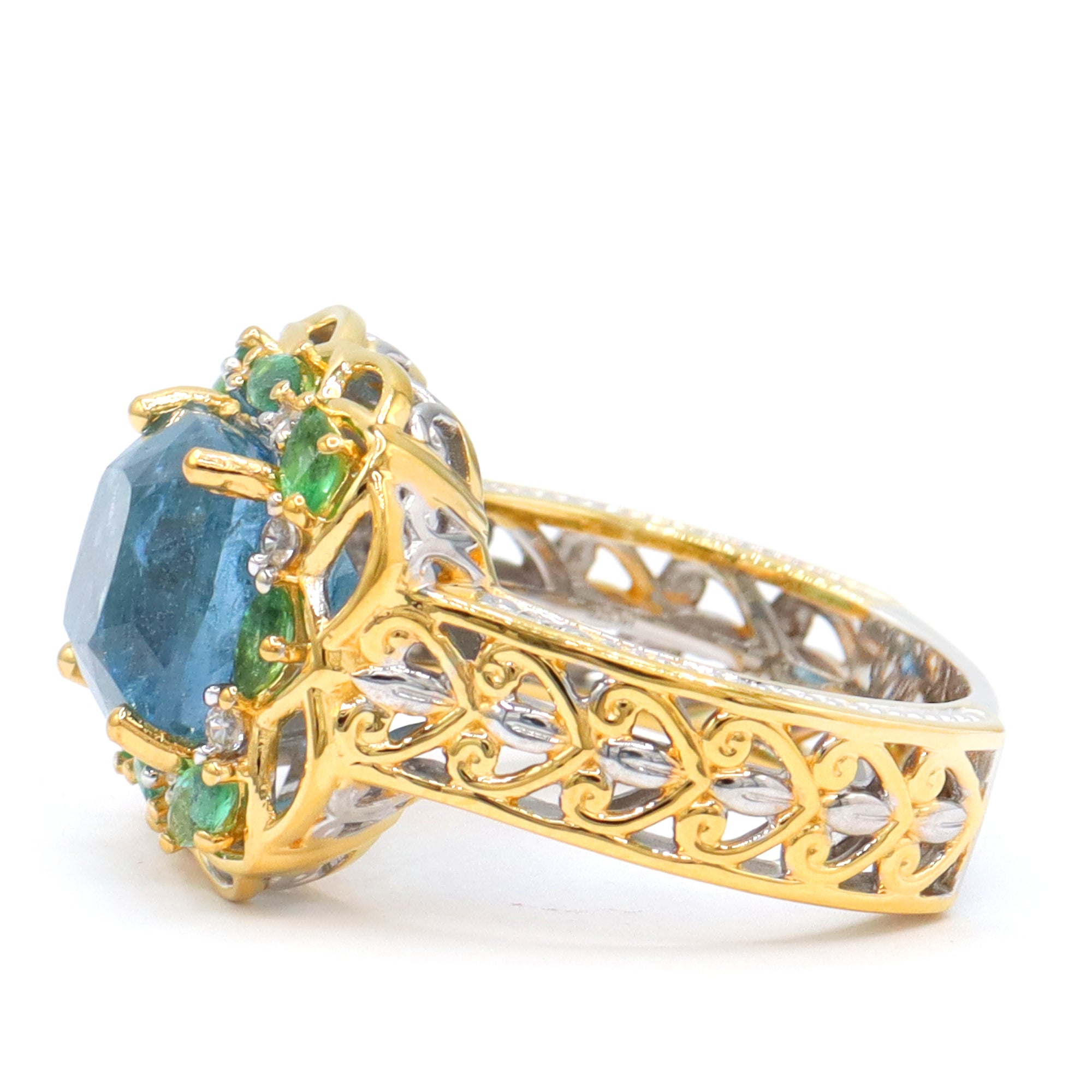 Couture Gems One-of-a-Kind 24K Palladium Silver 6.81ctw Tanzanian Aquamarine, Grizzly Emerald & White Zircon Ring
