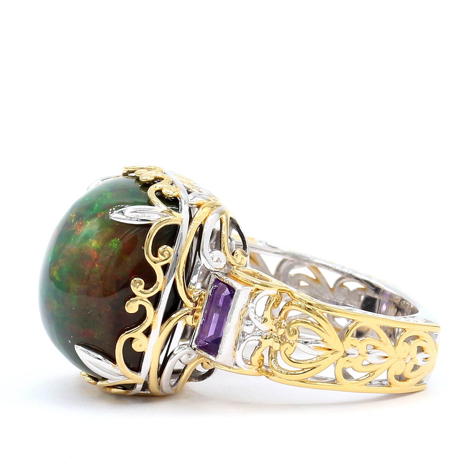 Couture Gems One-of-a-Kind 24K Palladium Silver 17.85ctw Black Ethiopian Opal & Amethyst Ring
