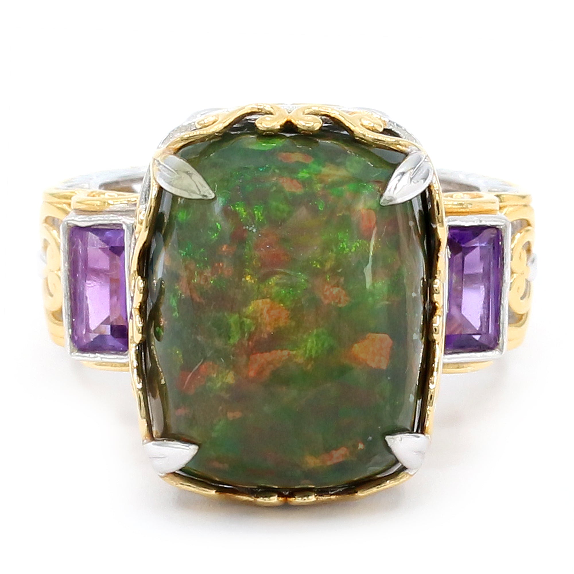 Couture Gems One-of-a-Kind 24K Palladium Silver 17.85ctw Black Ethiopian Opal & Amethyst Ring