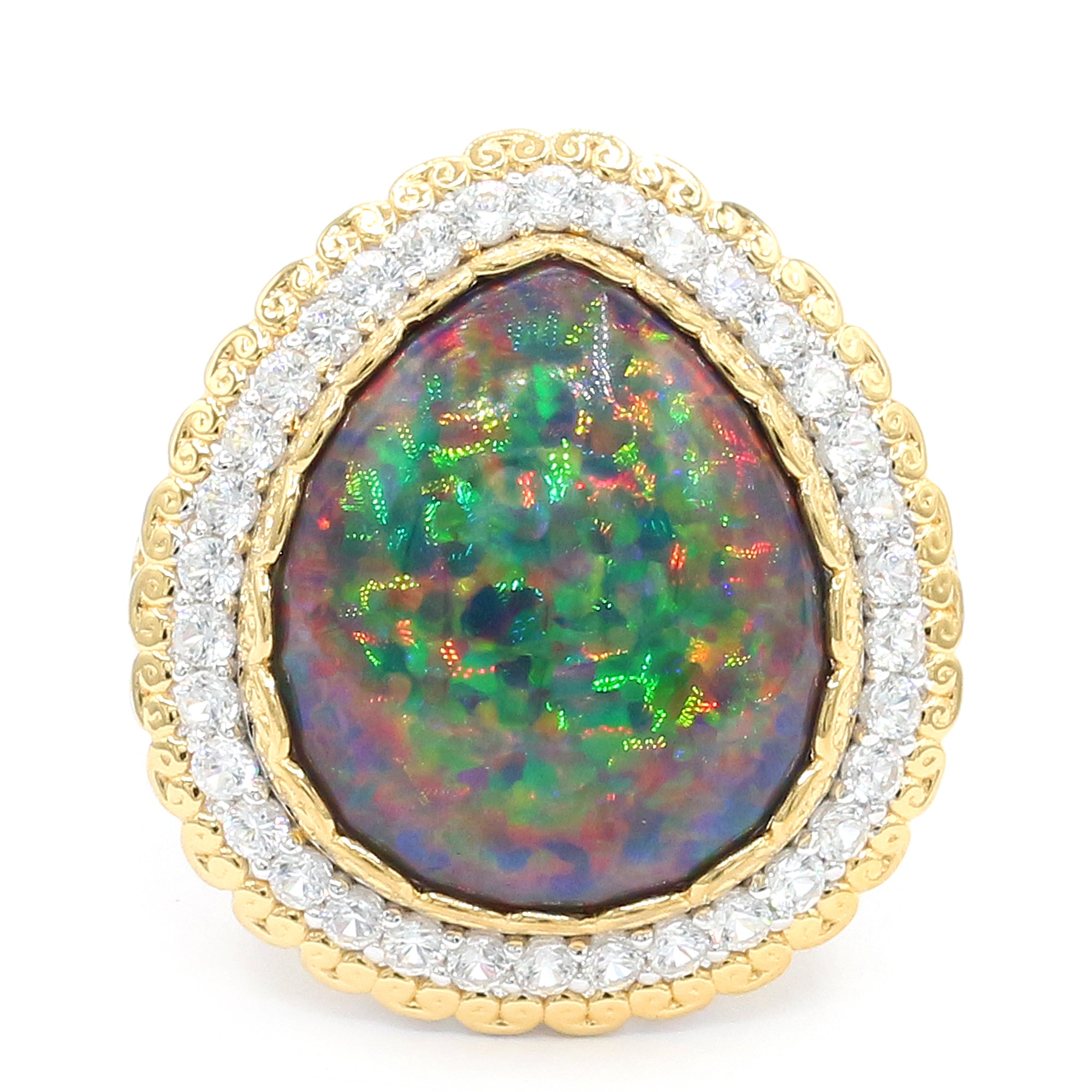 Couture Gems One-of-a-Kind 24K Palladium Silver 11.54ctw Black Ethiopian Opal & White Zircon Halo Ring