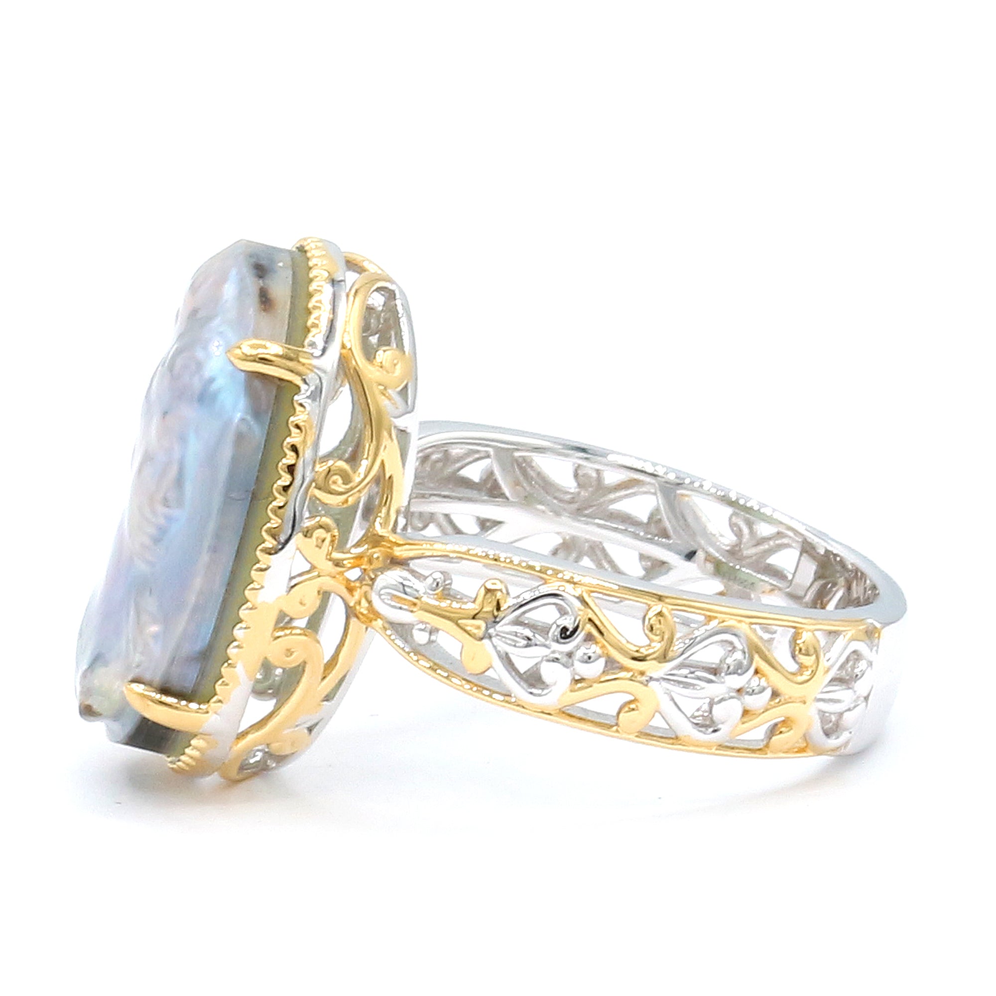 Gems en Vogue 24K Palladium Silver Peacock Mabe Pearl Cameo Lady Portrait Ring