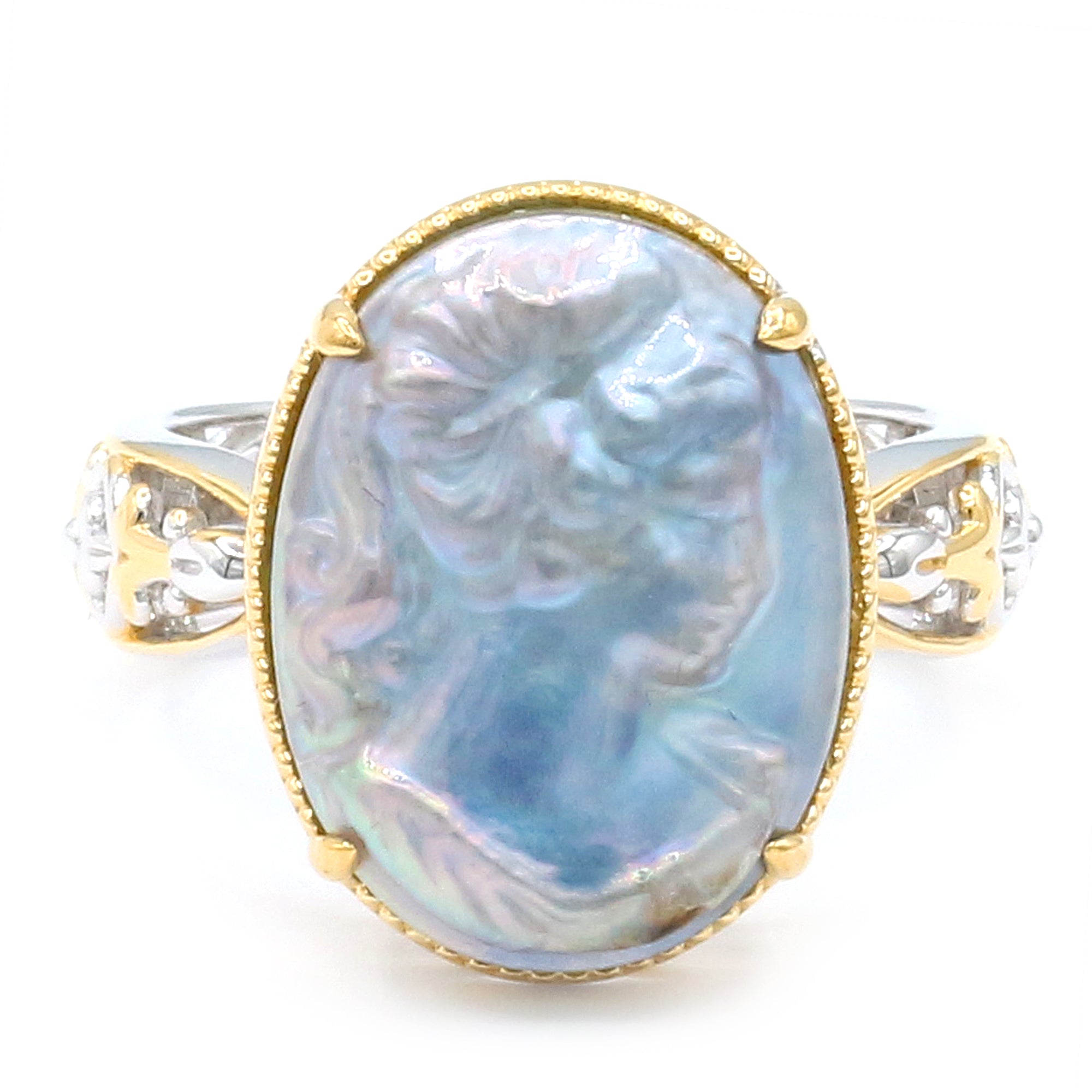 Gems en Vogue 24K Palladium Silver Peacock Mabe Pearl Cameo Lady Portrait Ring