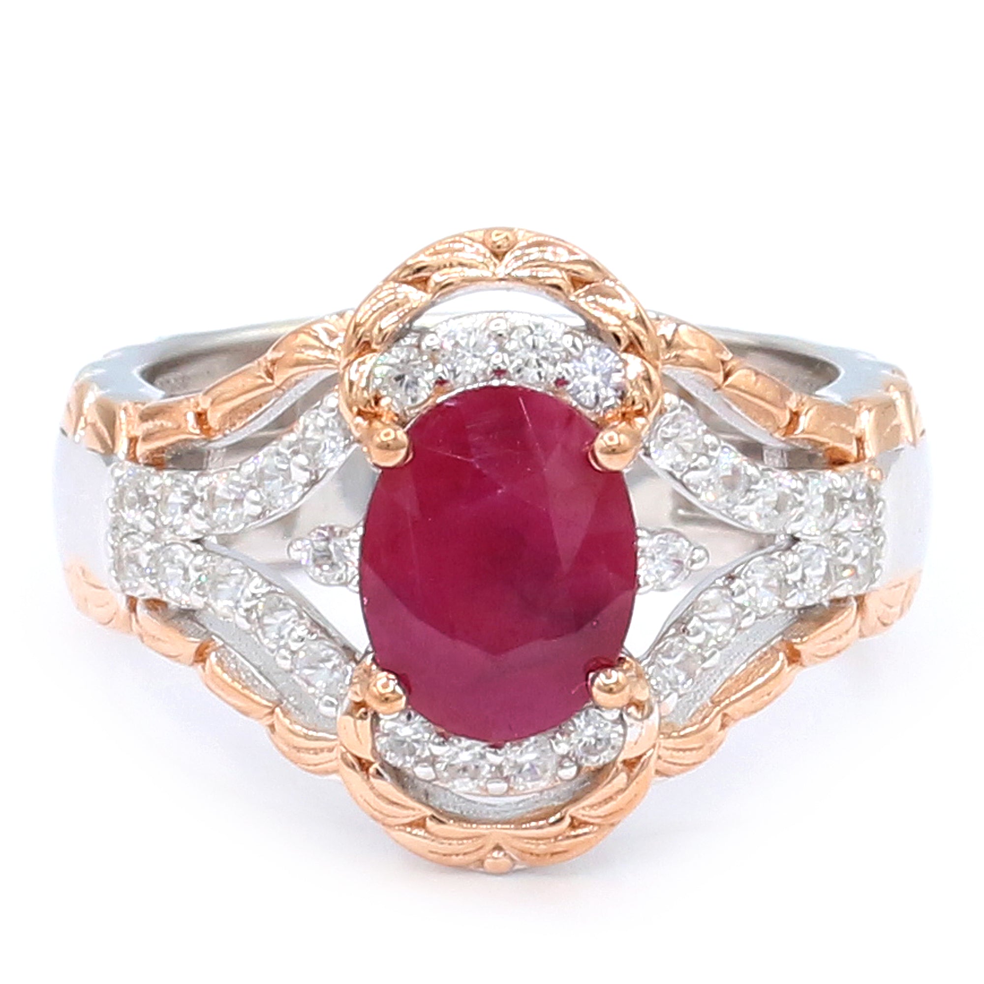 Bague en argent palladié 18 carats avec rubis et zircons blancs de 2,70 carats par Gems en Vogue
