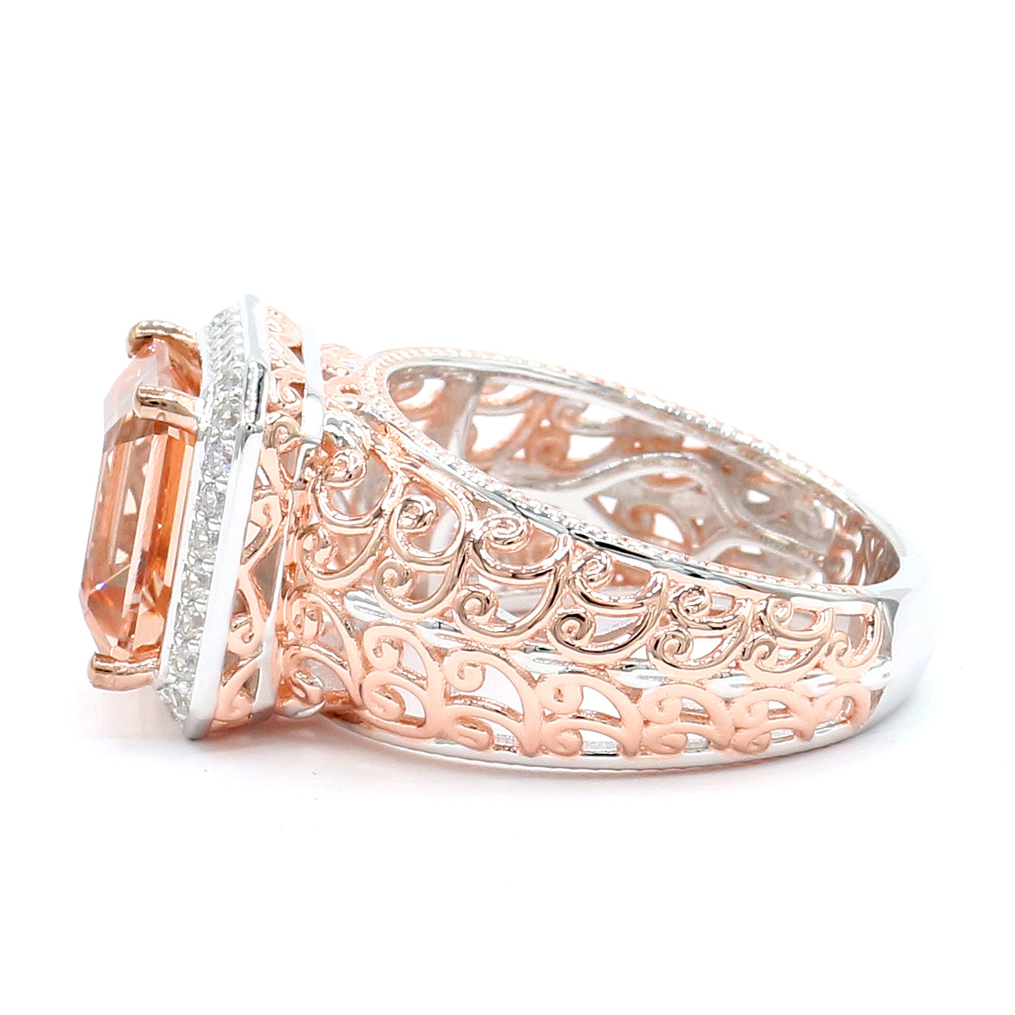 Couture Gems One-of-a-Kind 18K Palladium Silver 4.70ctw Peach Morganite & White Zircon Halo Ring