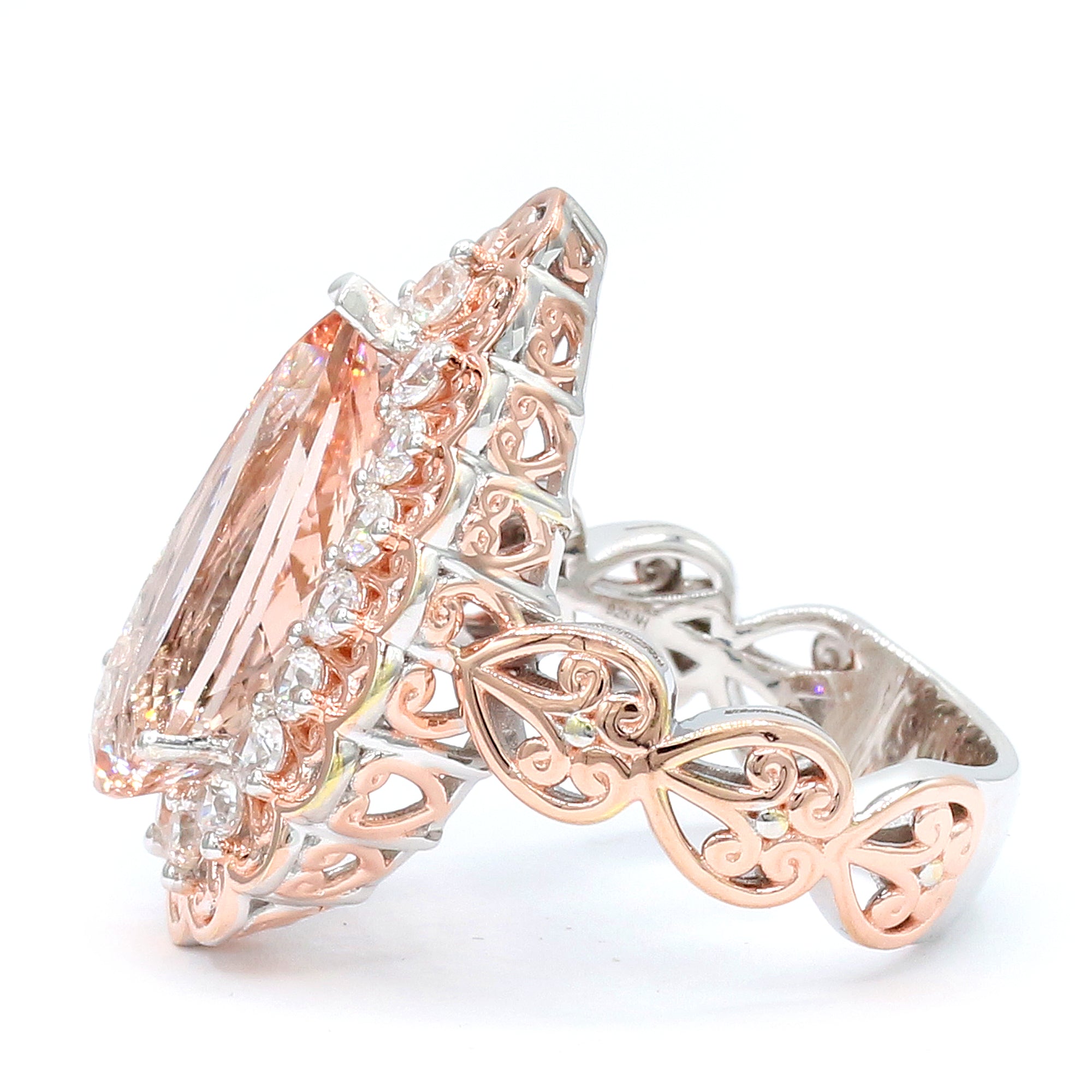 Couture Gems One-of-a-Kind 18K Palladium Silver 6.90ctw Peach Morganite & White Zircon Halo Ring