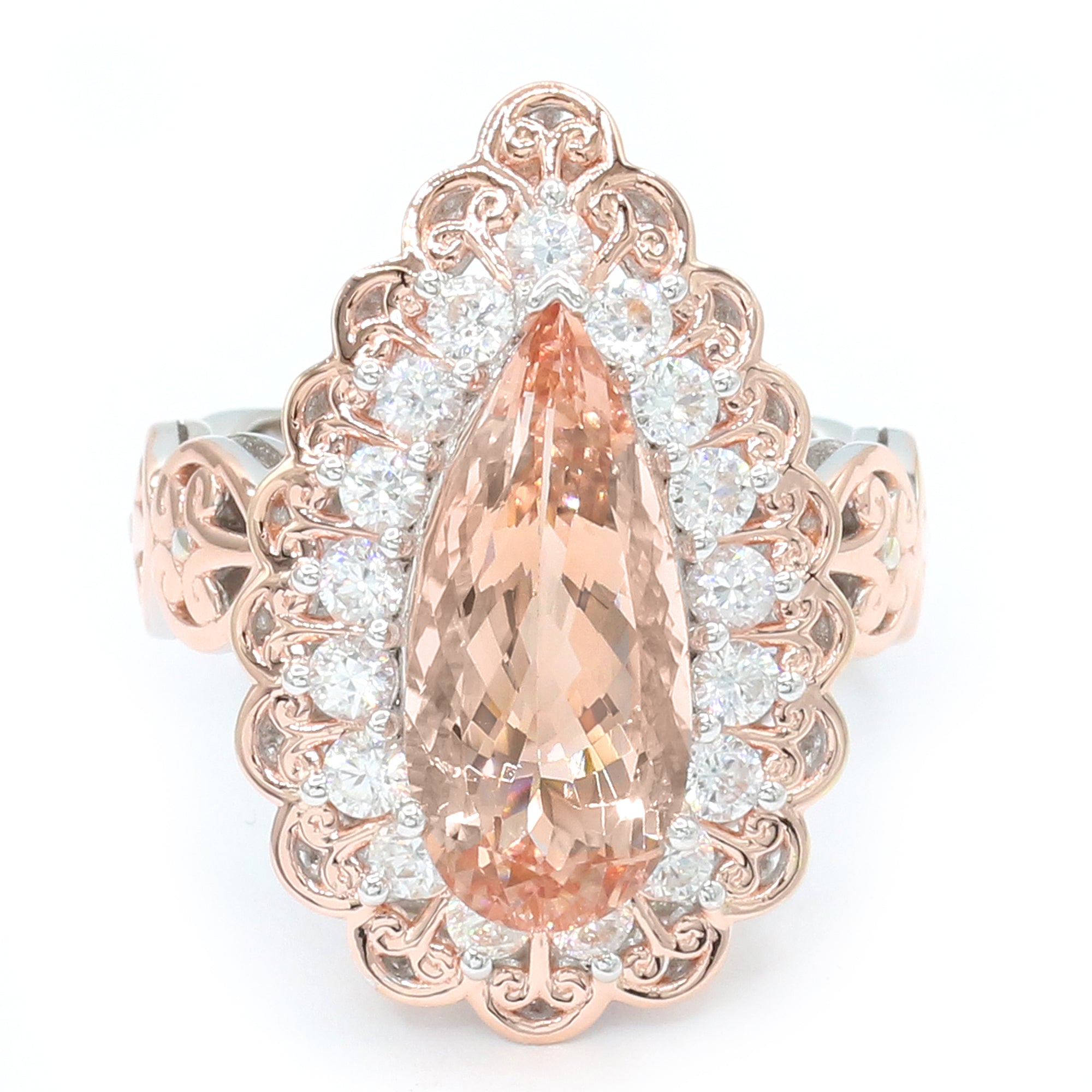 Couture Gems One-of-a-Kind 18K Palladium Silver 6.90ctw Peach Morganite & White Zircon Halo Ring