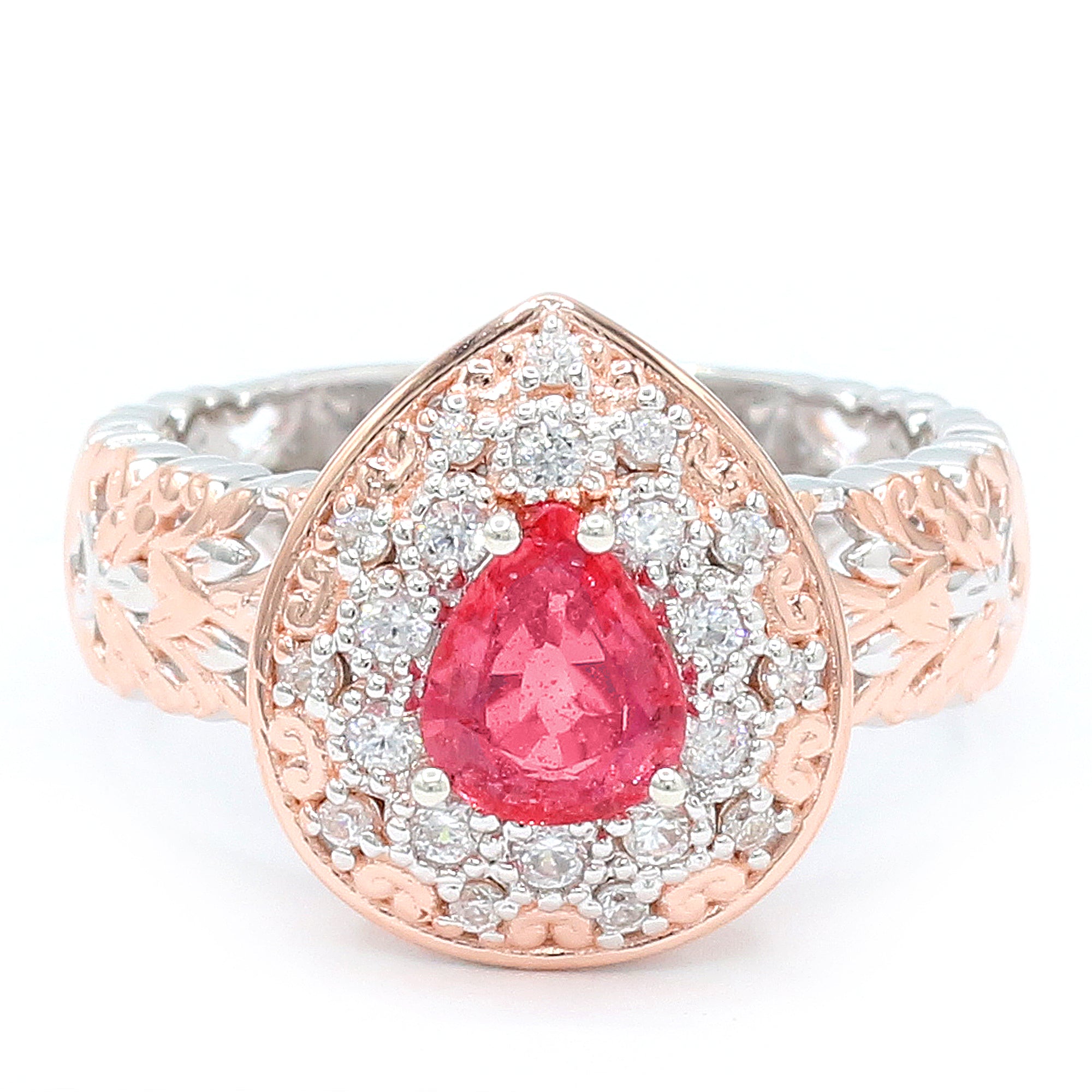 Couture Gems One-of-a-Kind 18K Palladium Silver 1.63ctw Padparadscha Sapphire & White Zircon Halo Ring