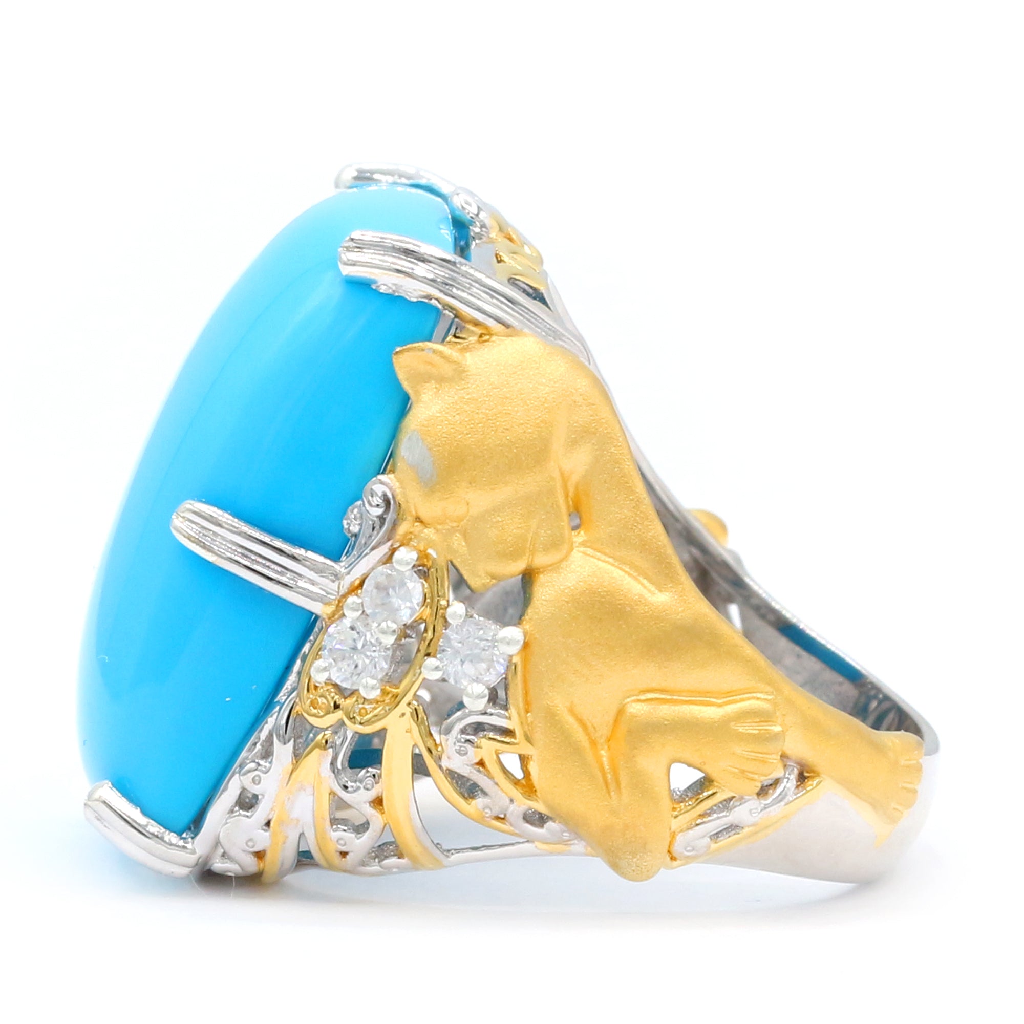 Couture Gems One-of-a-Kind 24K Palladium Silver 26.32ctw Sleeping Beauty Turquoise & White Zircon Panther Ring