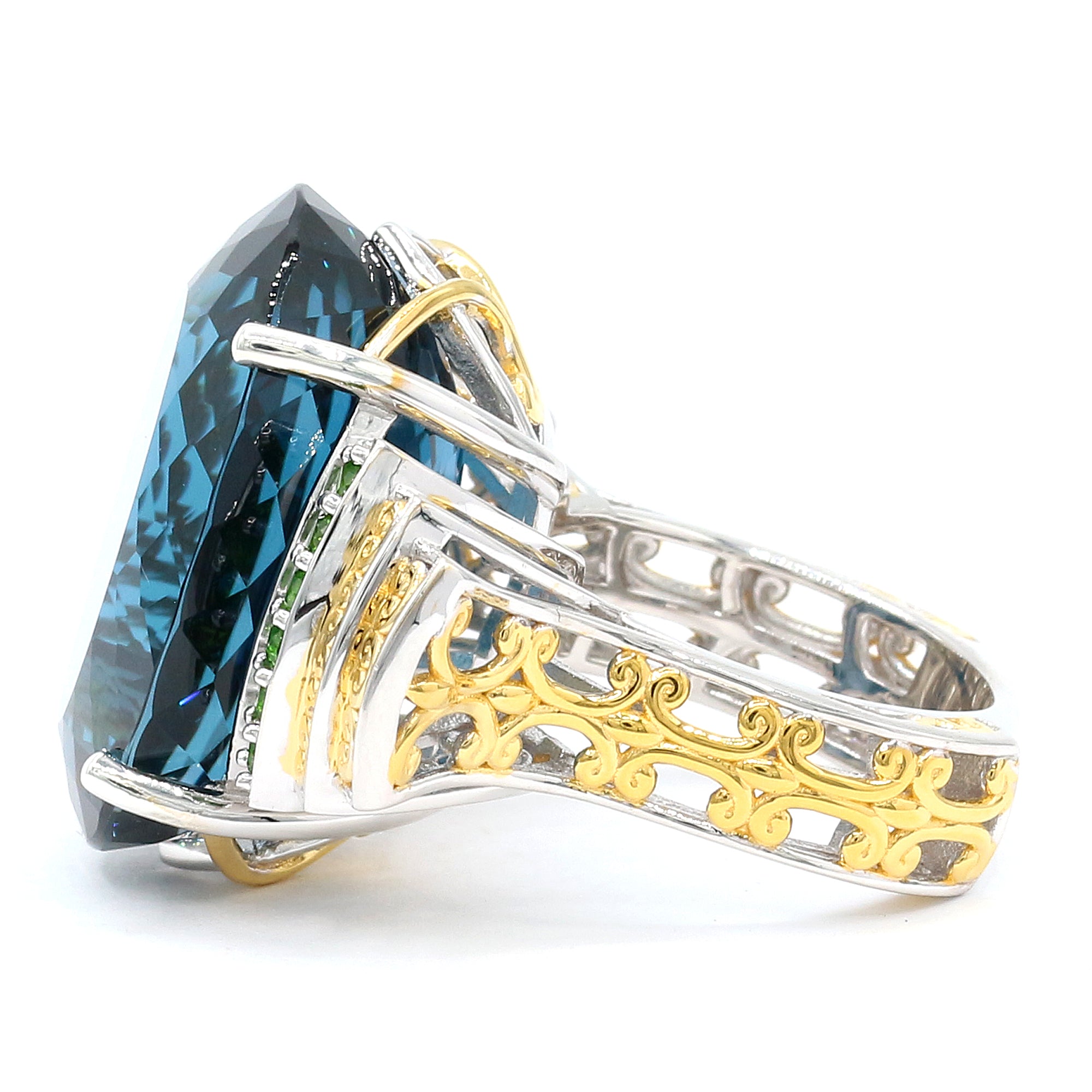 Couture Gems One-of-a-Kind 24K Palladium Silver 47.42ctw London Blue Topaz & Chrome Diopside Honker Ring
