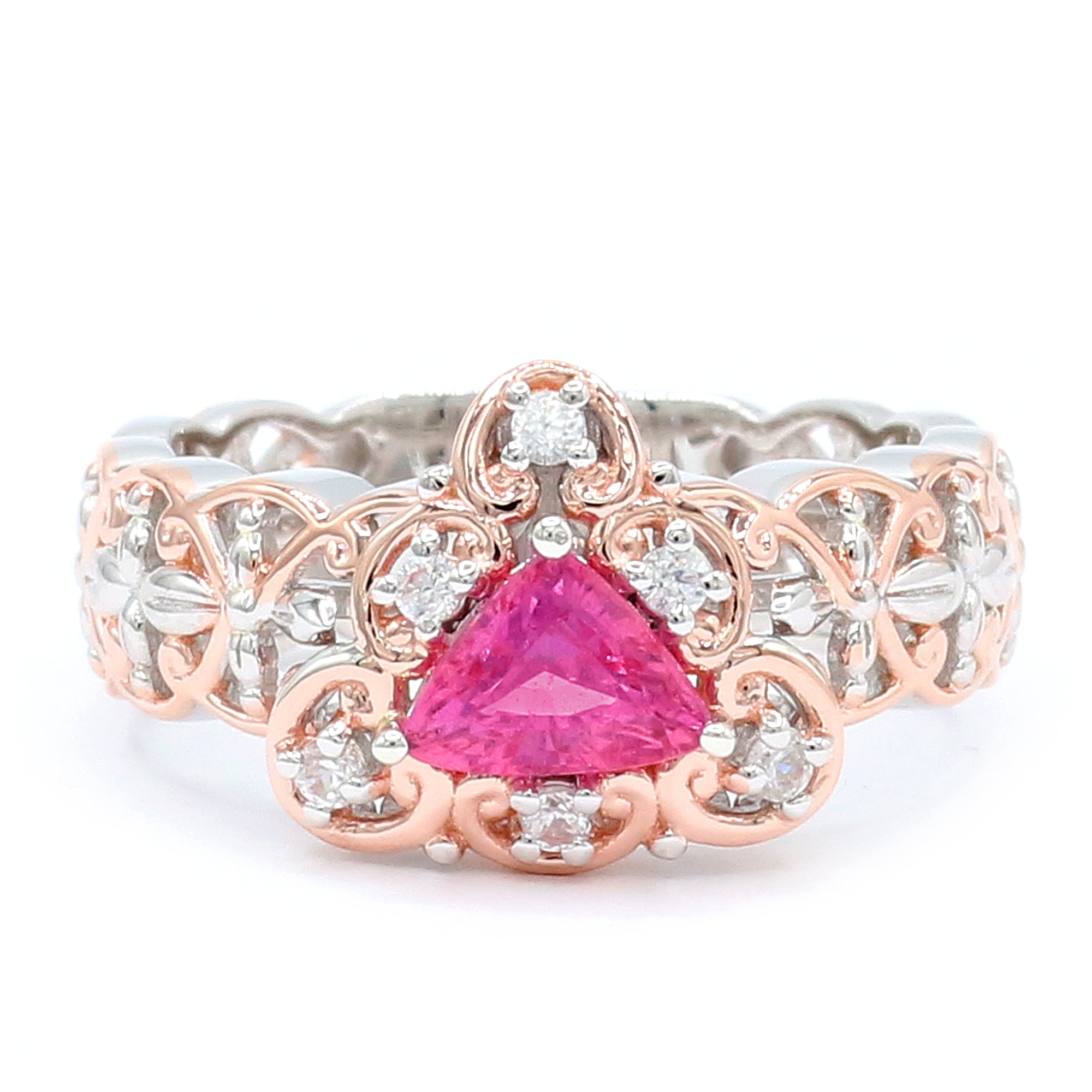 Couture Gems One-of-a-Kind 18K Palladium Silver 1.27ctw Trillion Lotus Pink Sapphire & White Zircon Ring