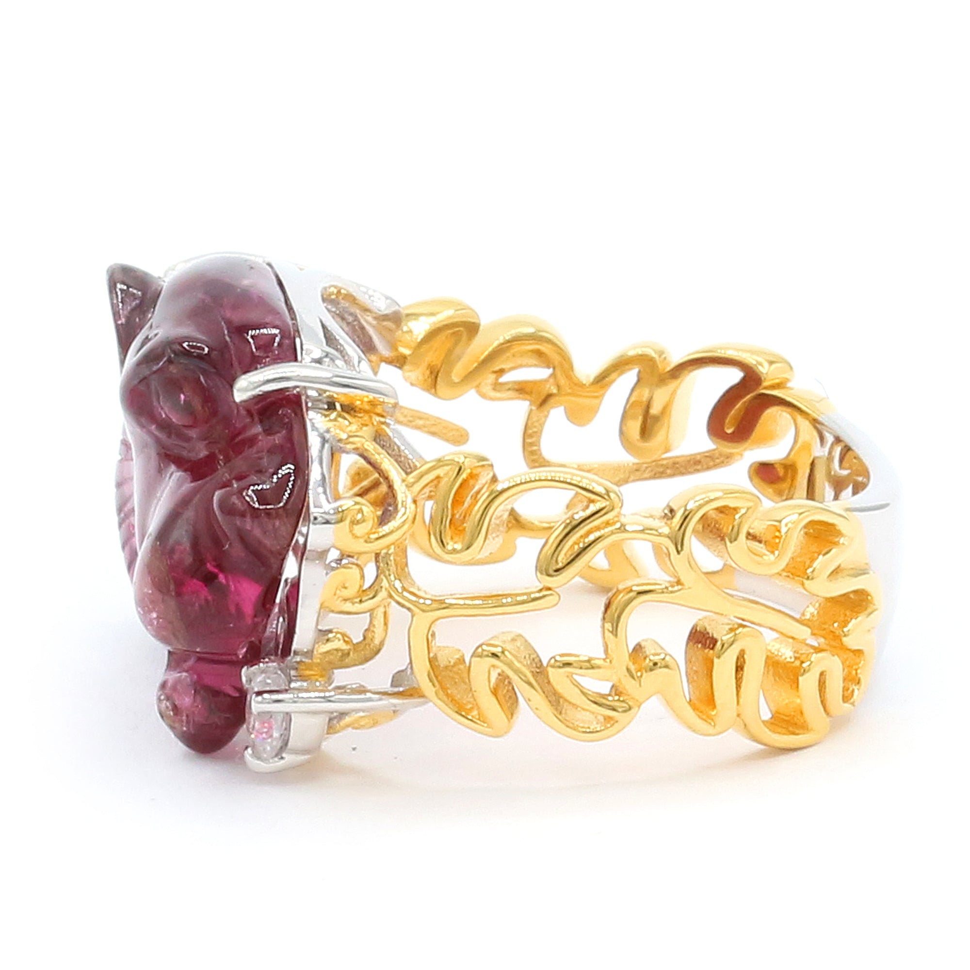 Couture Gems One-of-a-Kind 24K Palladium Silver Carved Panther Pink Tourmaline & White Zircon Ring
