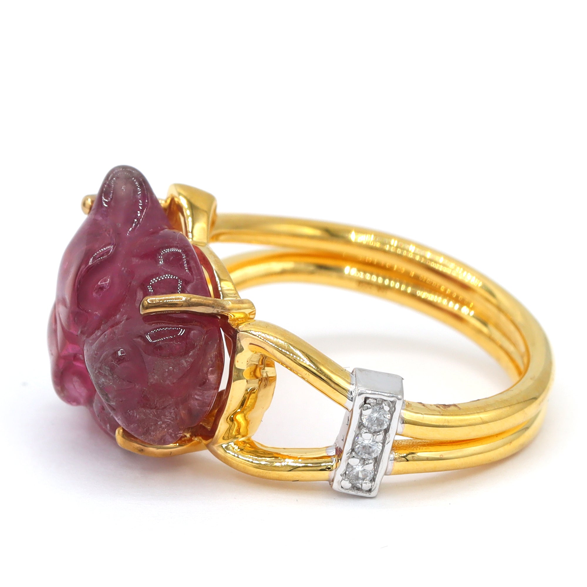 Couture Gems One-of-a-Kind 24K Palladium Silver Carved Panther Pink Tourmaline & White Zircon Ring