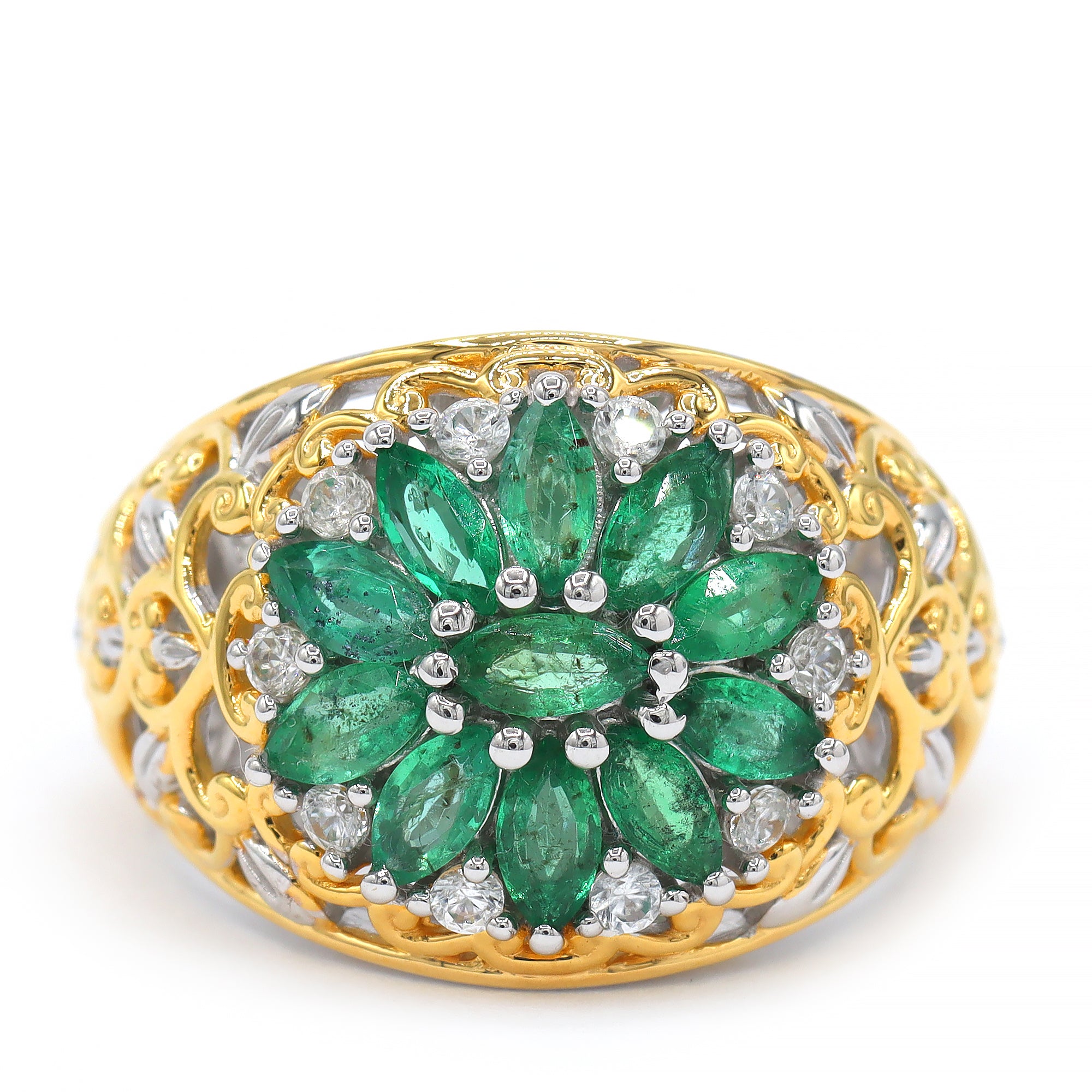 Bague fleur Gems en Vogue avec zircon blanc et émeraude Grizzly 2,90 carats
